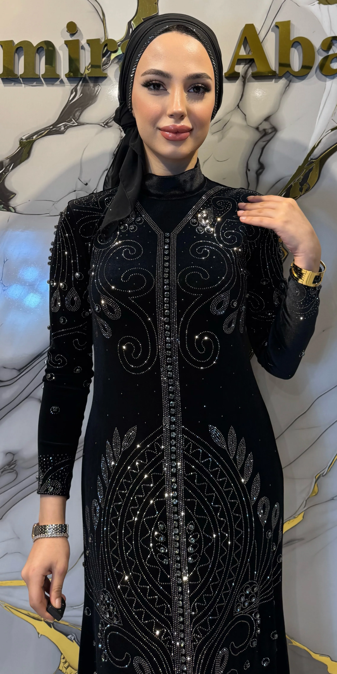 Hematite Stone Patterned Black Velvet Abaya | LY11 HSVB