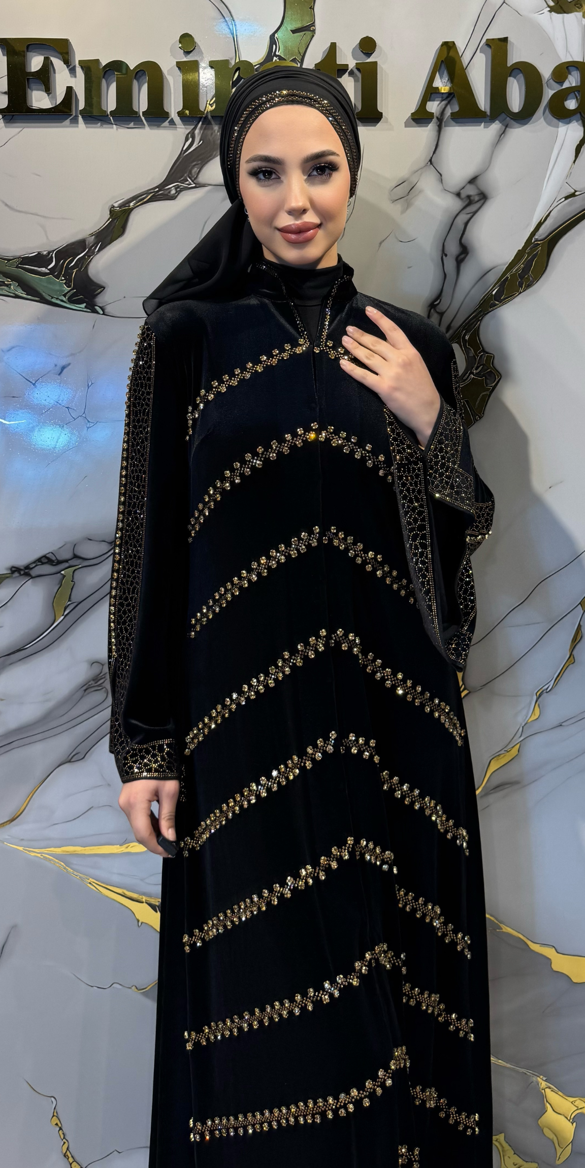 Black Velvet Dubai Style Evening Gown with Gold Swarovski and Faux Stones | WS15 GSVB