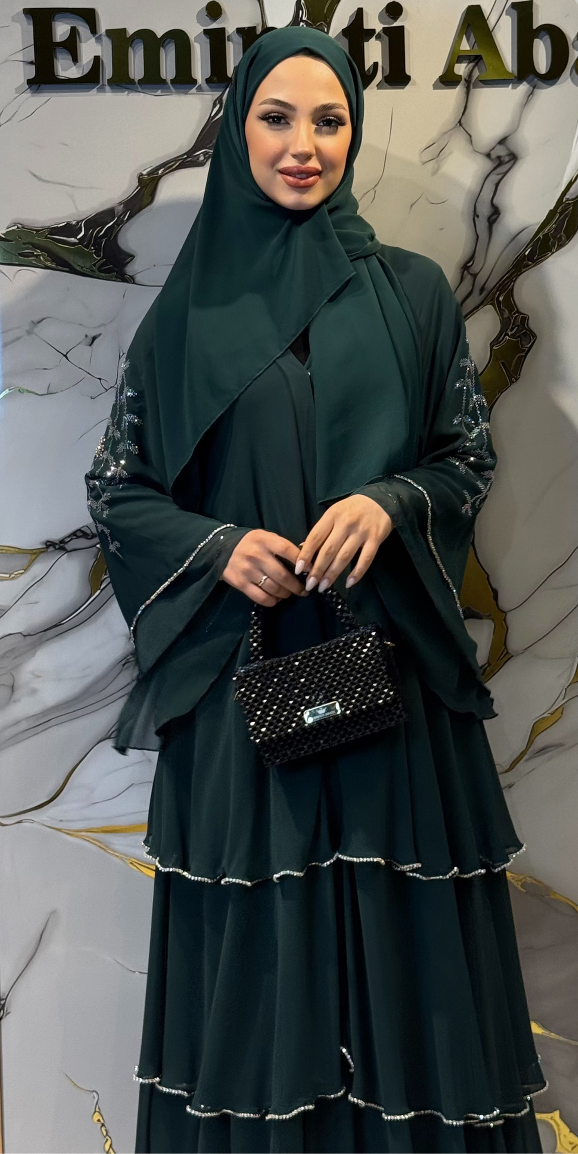 Omuzları Swarovski Desenli Yeşil Abaya | RK011 BARBIE