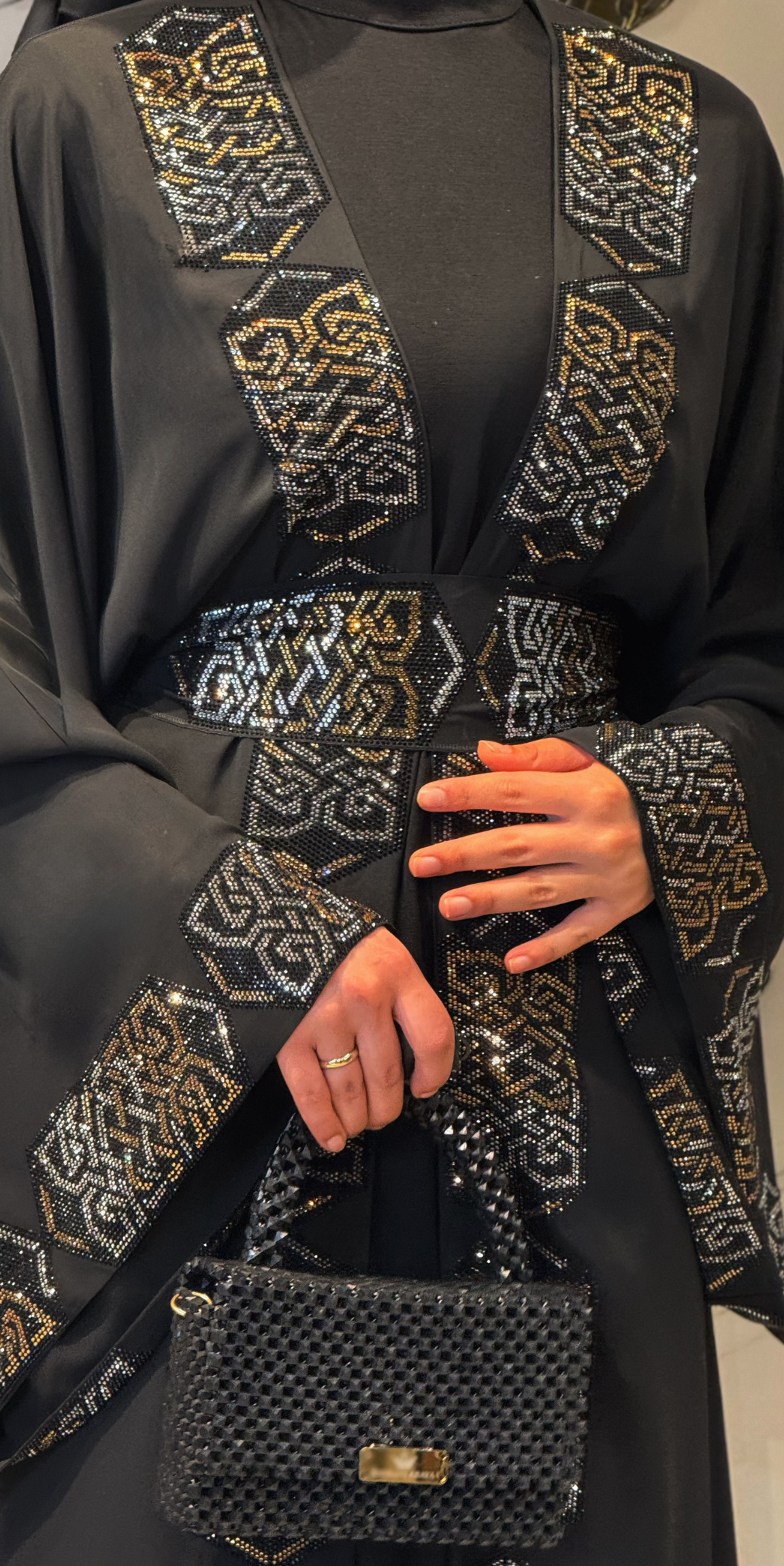 Elegant Black Abaya with Gold Stones on the Front TM040 - 3-Piece Set (Includes Shawl and Undershirt)