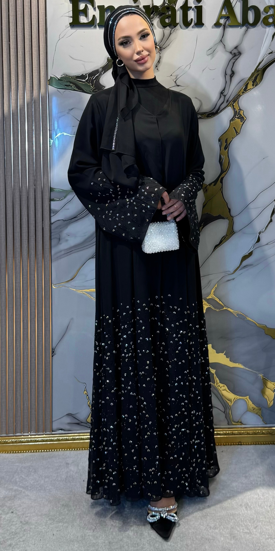 Etekleri Taşlı Papatya Çiçeği Motifli Siyah Şifon Abaya TM36 JSB