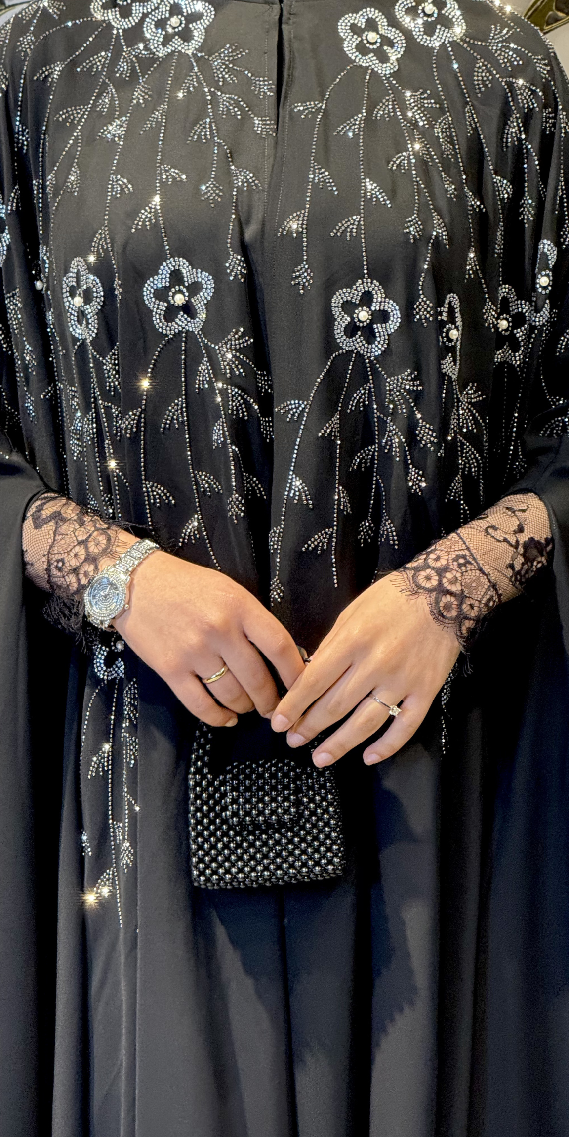 Black Korean Chiffon Abaya LY44 WSB with Hematite and Swarovski Crystals - 3-Piece Luxury Set (Includes Shawl and Undershirt)
