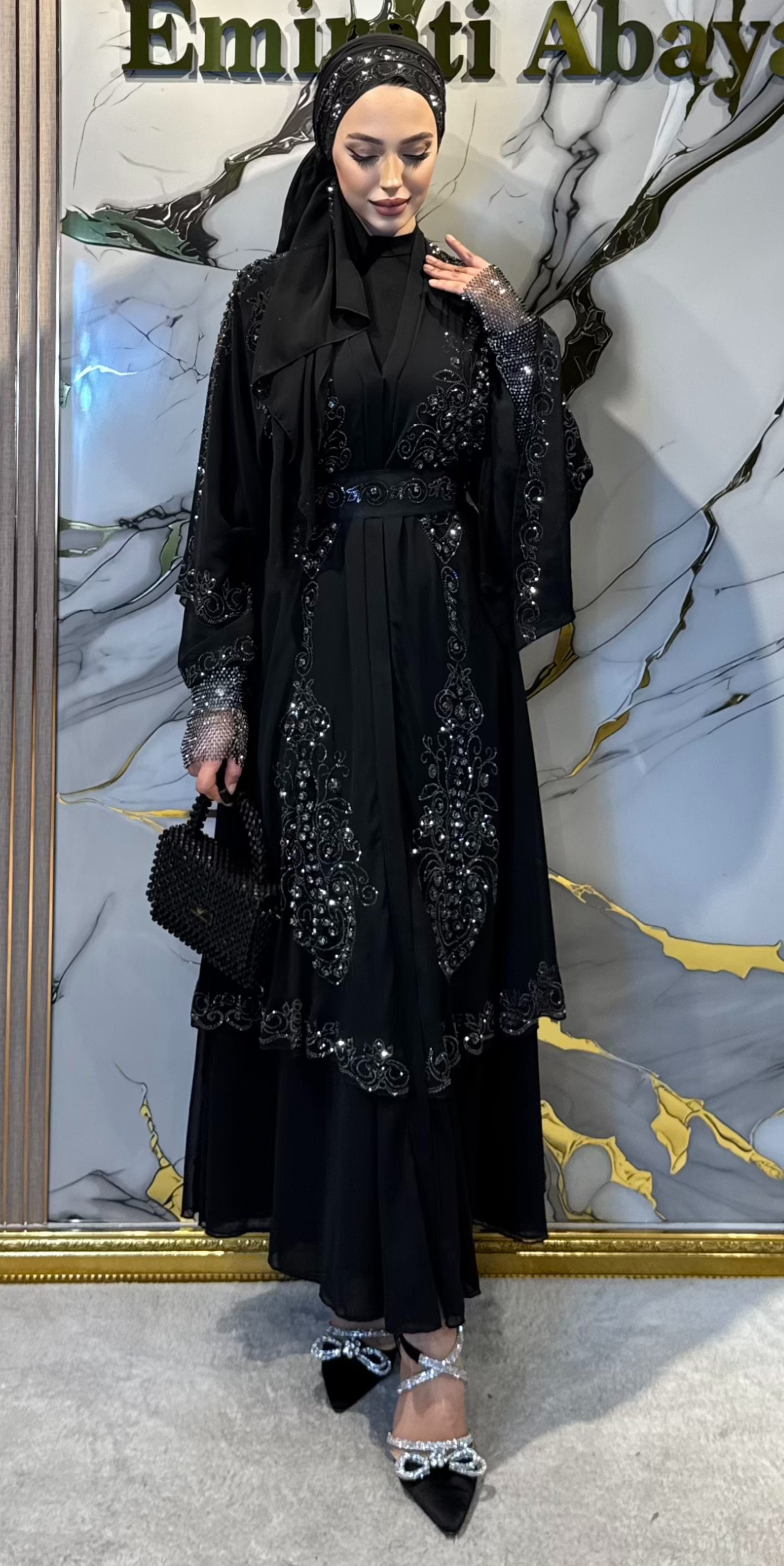 Lüks Çift Katlı Şifon Hematit Taş İşlemeli Abaya LY14 HSB