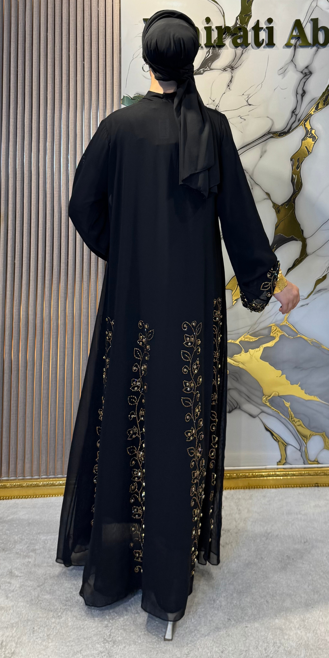 Lüks Altın Taşlı Siyah Şifon Abaya - Çiçek Desenli Özel Tasarım TM93 GSB