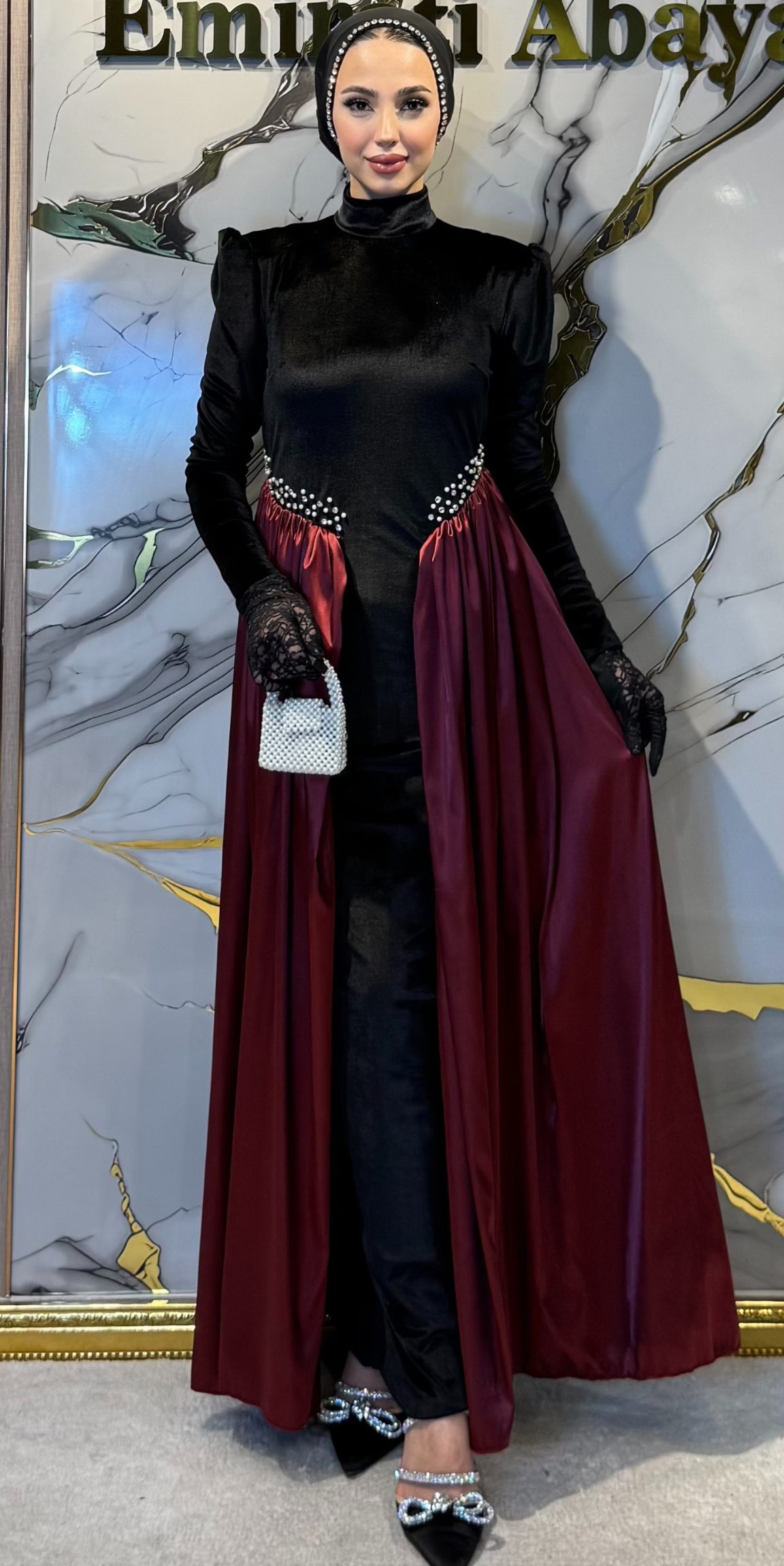 Red Organza Detailed Velvet Dubai Style Evening Dress with Swarovski Crystals