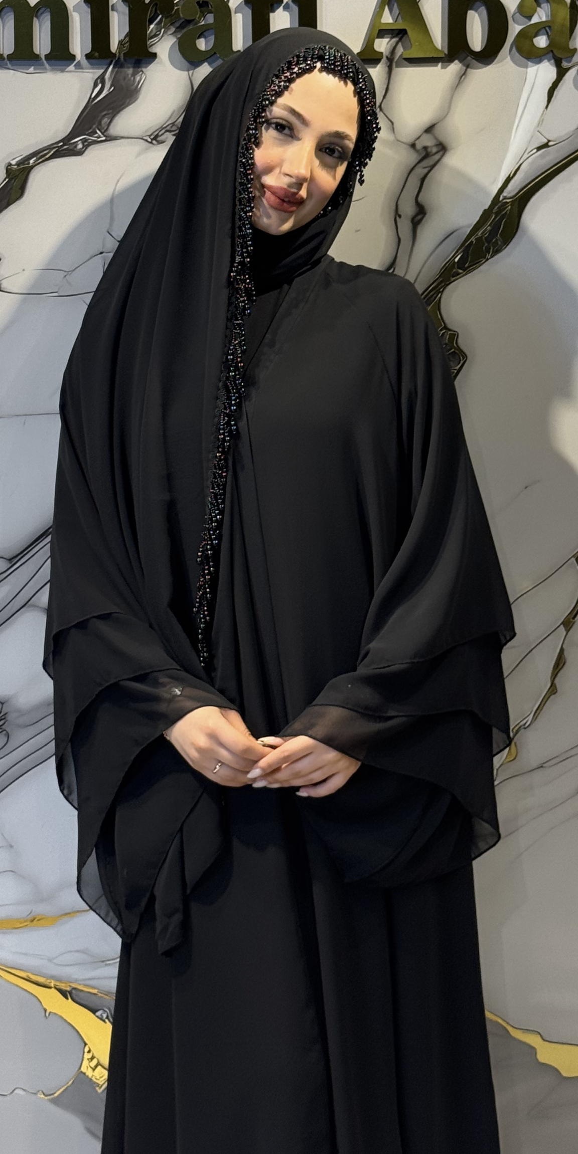 Black Chiffon Scarf with Tassel and Pearl Details, 180x75cm - Elegant Scattered Design