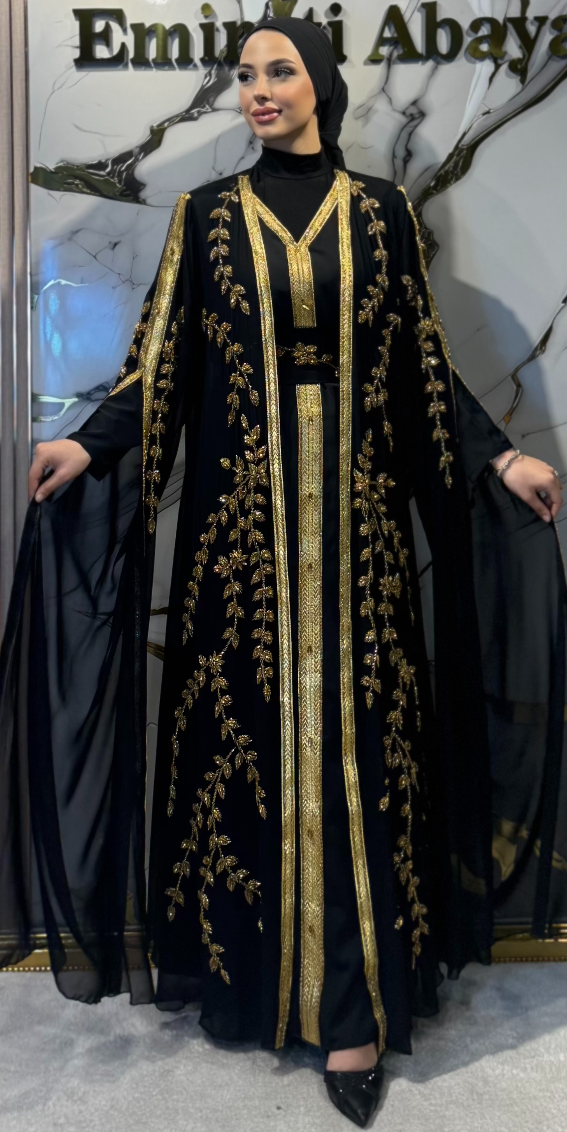 El İşlemeli Gold Yaprak Detaylı Uzun Kollu Abaya Takımı 4 Parça Set EF001 GSB