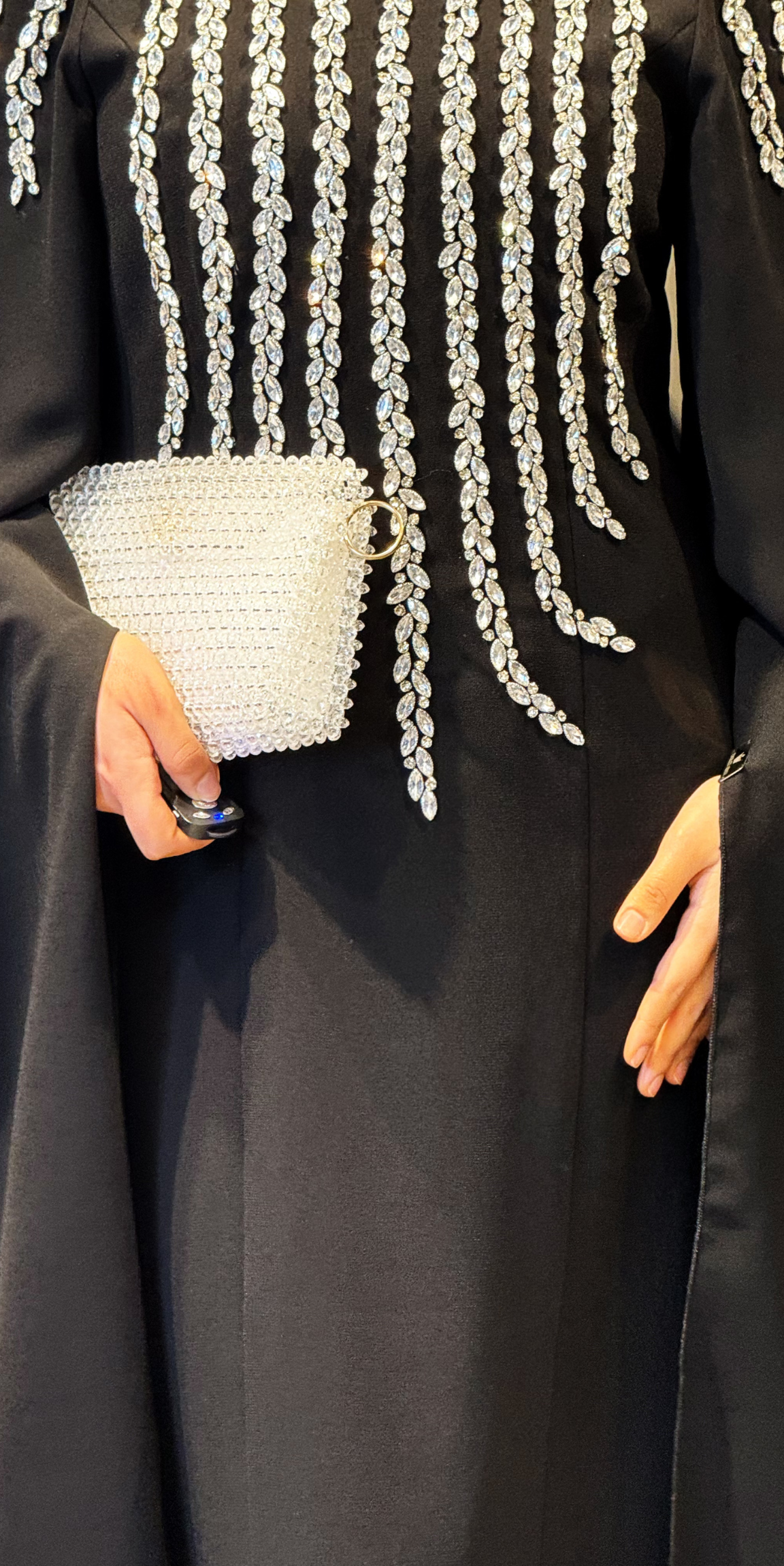 Handmade Black Dubai Fabric Abaya with White Stones | EF0019 WSDB