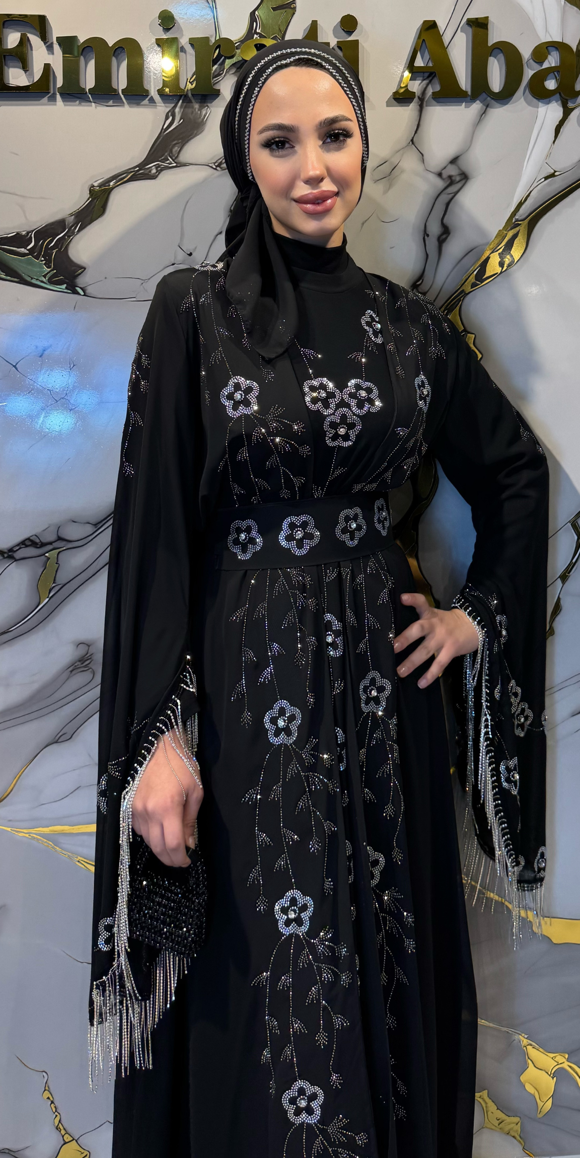 Beyaz Swarovski Taşlı Kore Şifon Dubai Stil Yöresel Abaya