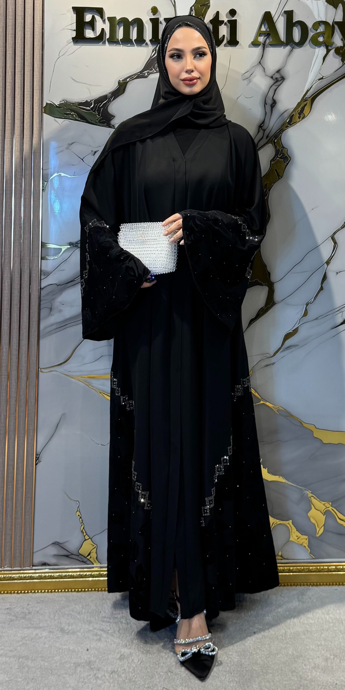Black Flock &amp; Korean Chiffon Dubai Style Abaya with Swarovski Hematite Stones