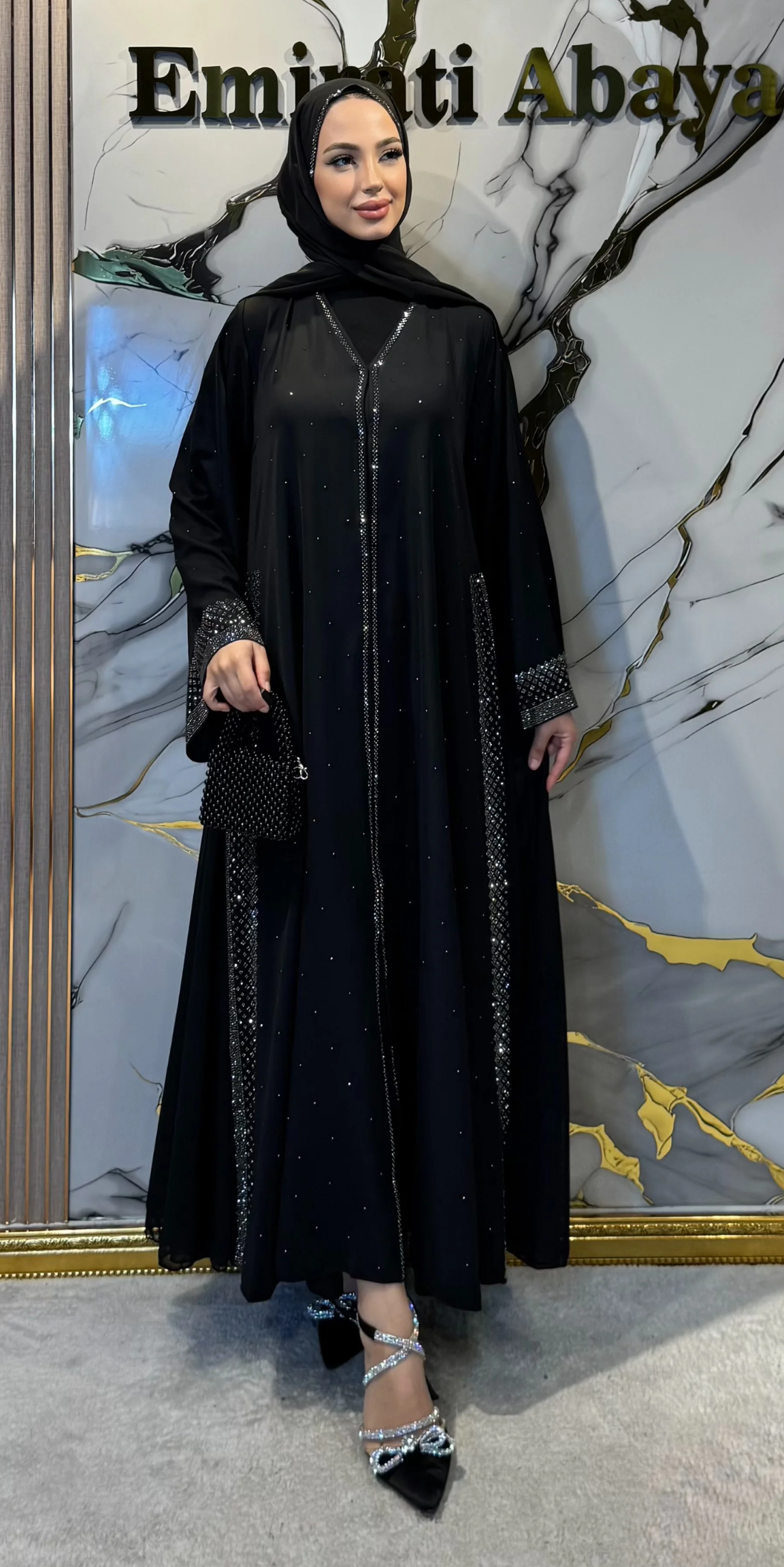 Luxury Dubai Abaya with Hematite Stone Details | LY26 HSB