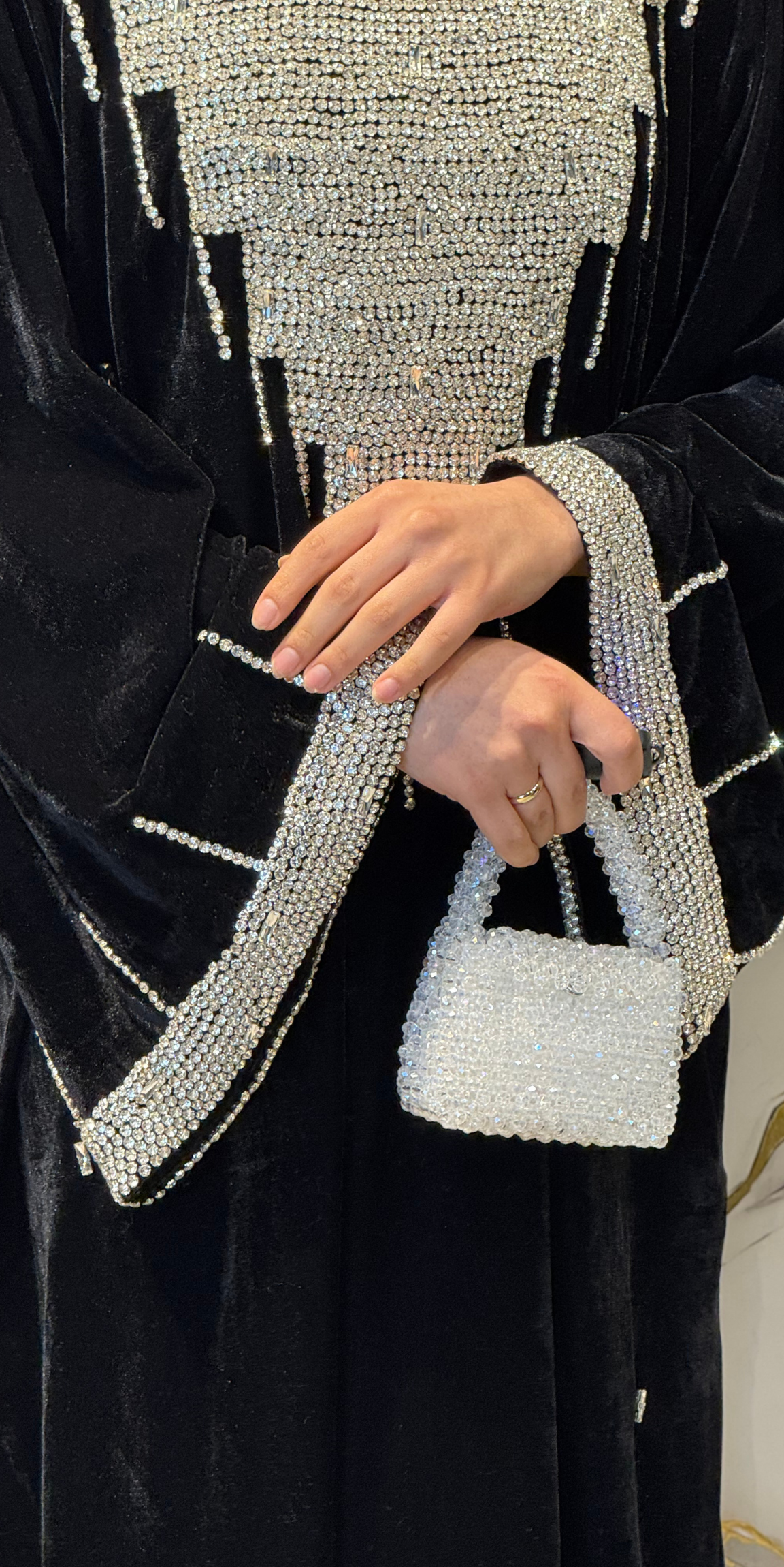 Handmade Black Velvet Abaya with White Stones and Tassels | EF0026 WSVB