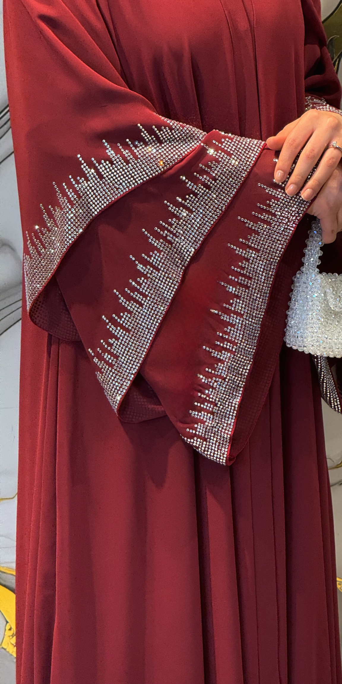 Üç Katlı Gümüş Taşlı Bordo Şifon Abaya Şal Dahi | TM22 WS BORDO