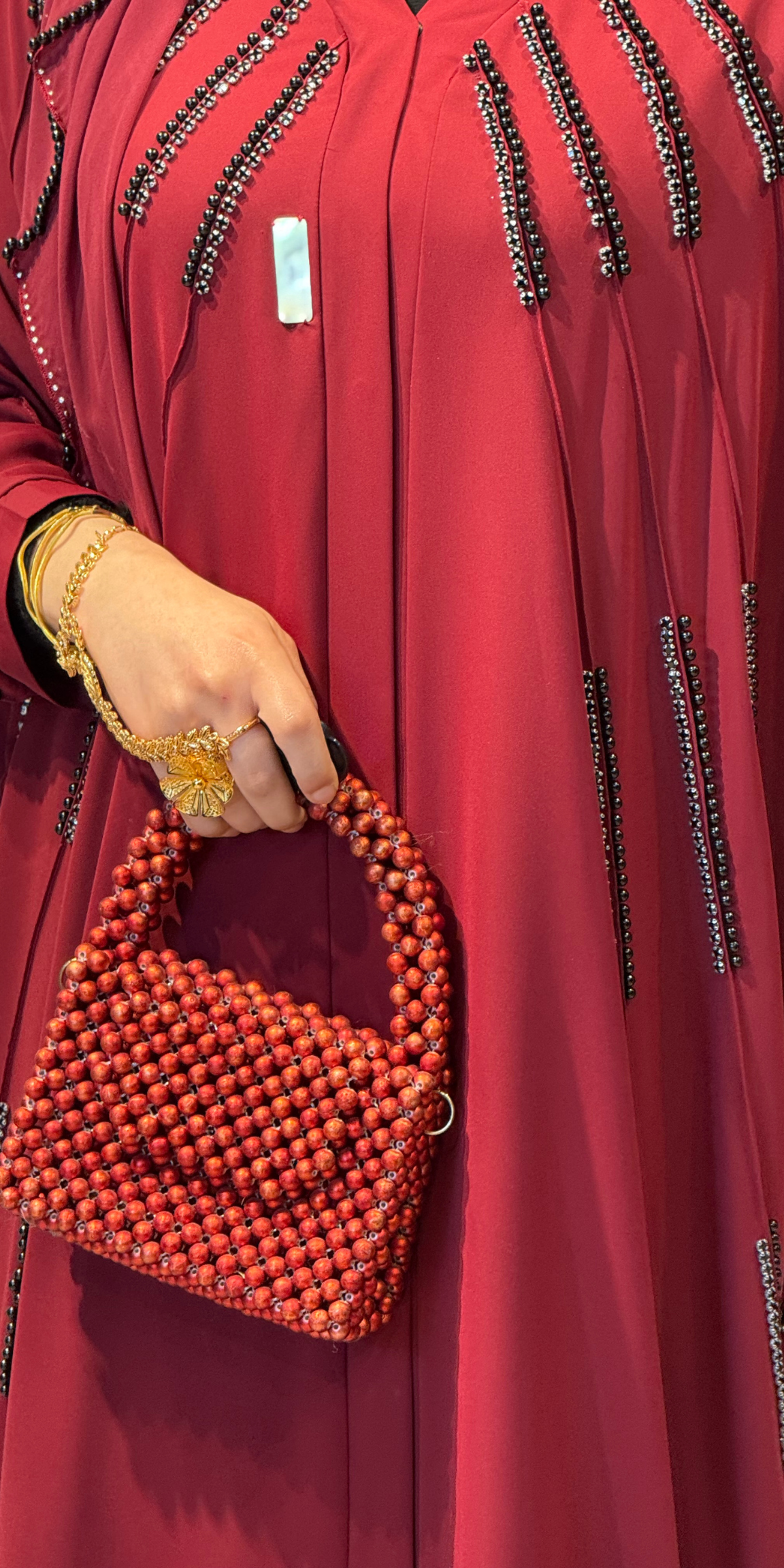 Front Embellished with Pearls and Black Stones Chiffon Burgundy Abaya - Elegant and Stylish Model TM089 C BURGUNDY BS