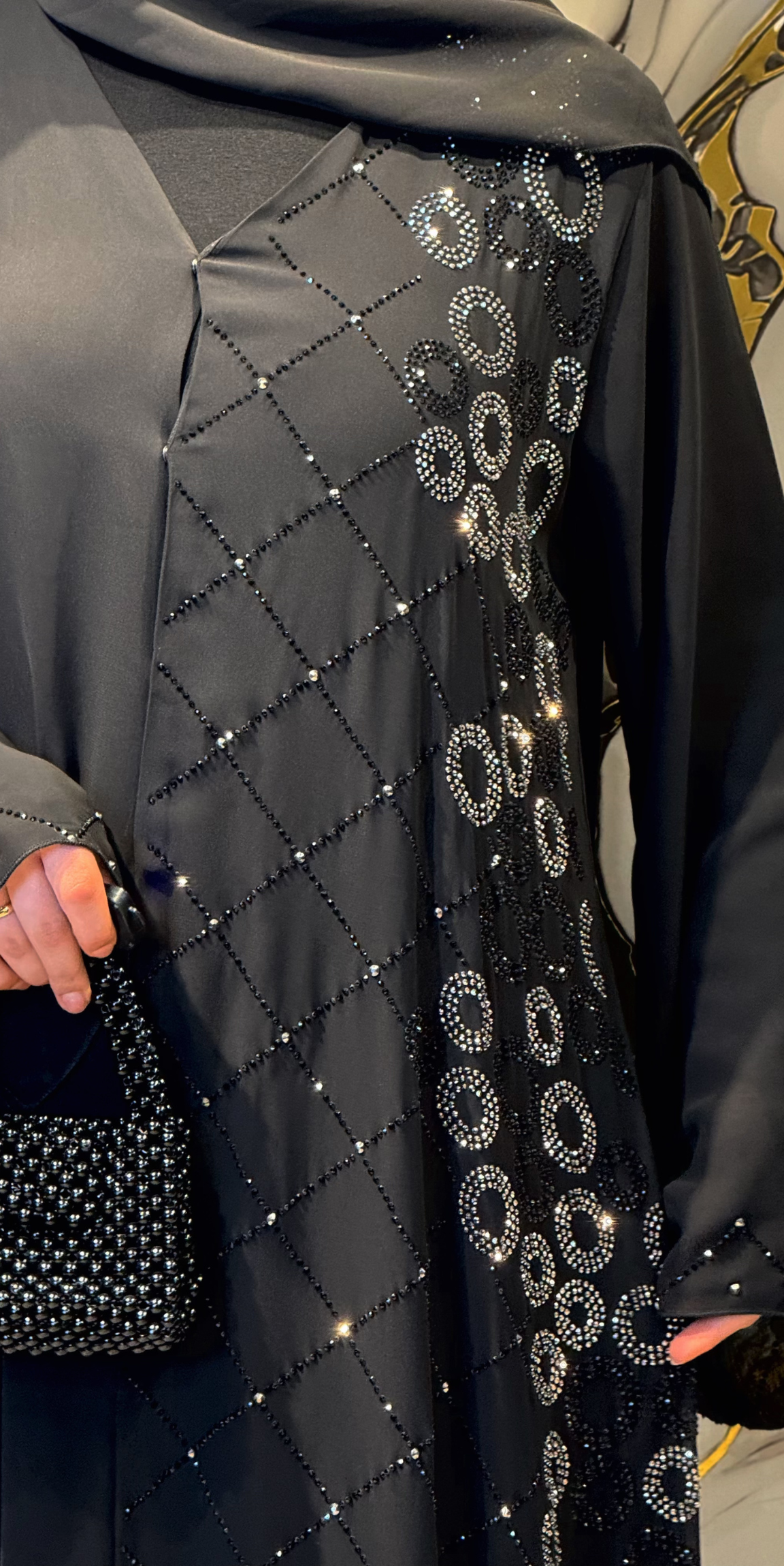 Hematite Stone Patterned Black Elegant Abaya - Refined Modern Model TM051 HSB