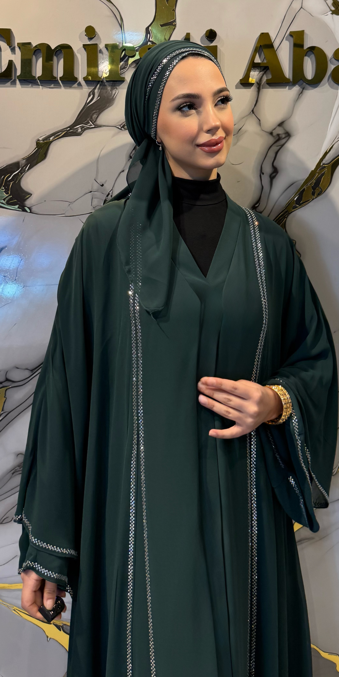 Front Slit Abaya with Swarovski Crystals Green TM06 WS Green