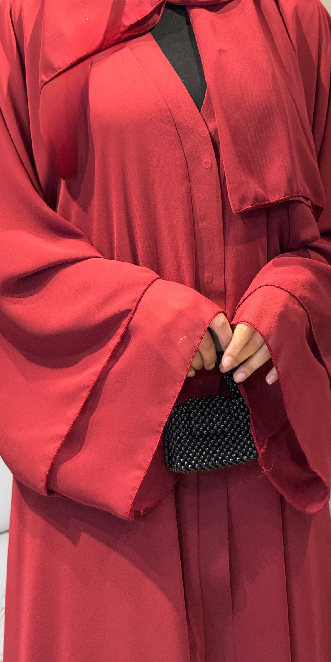 İki Katlı Swarovski Taşlı Bordo Abaya - Çıtçıtlı Zarif Model RK009 BORDO