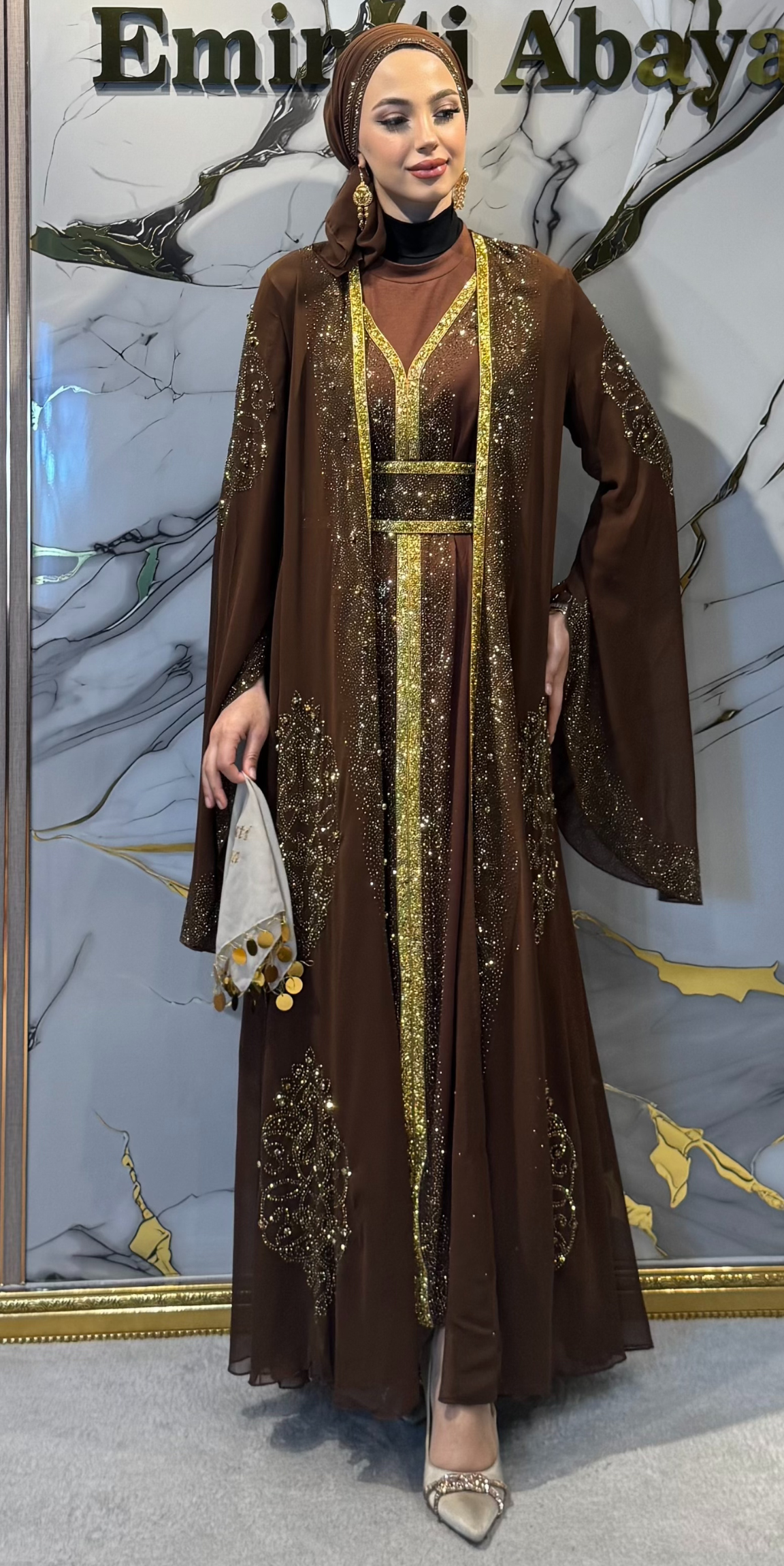 Starlit Noir Altın Taşlı Kahverengi Yöresel Takımı | WS57 GSKAHVE