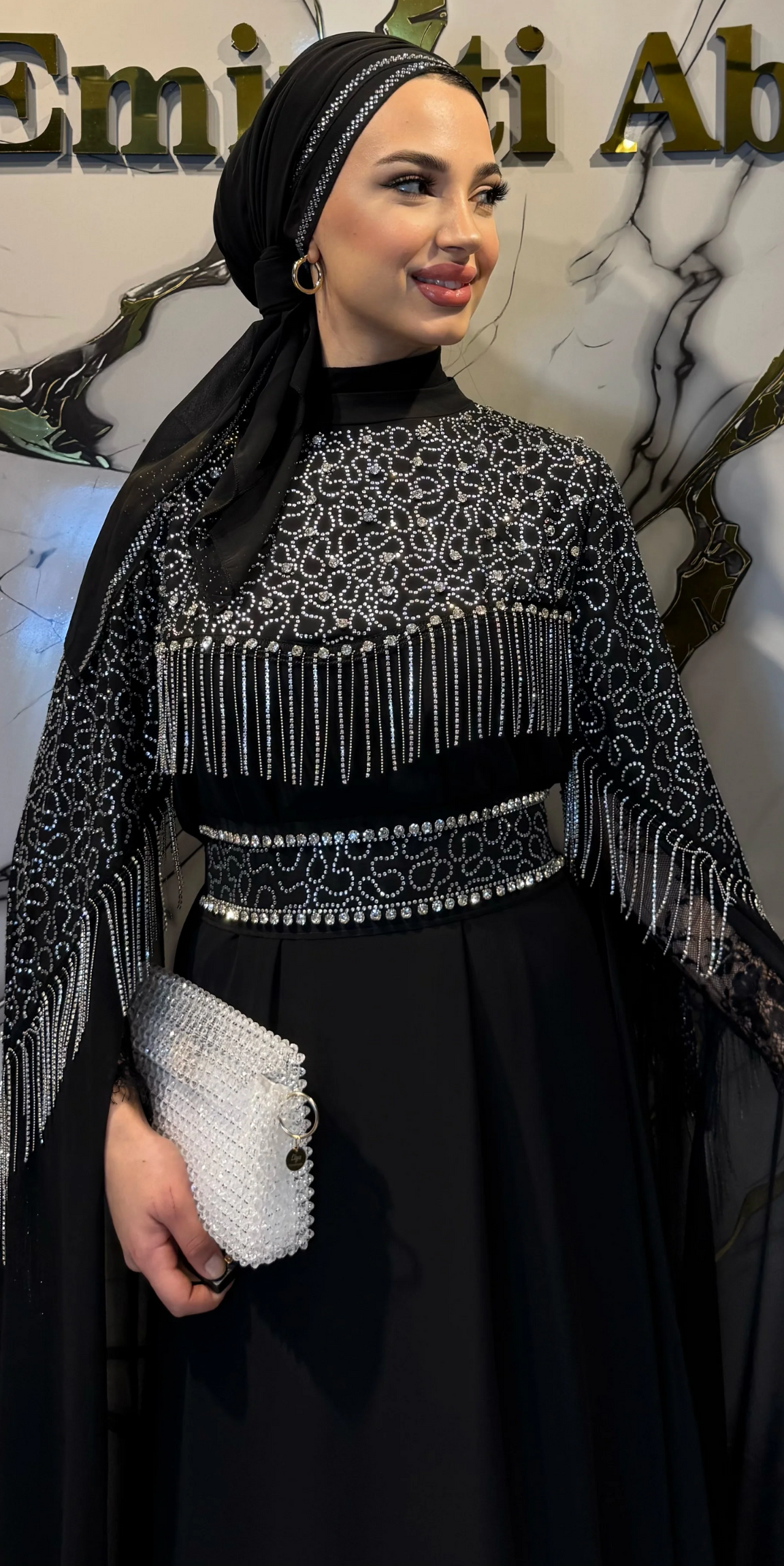 Siyah Şifon Beyaz Taşlı Uzun Kollu Abaya | WS56 WSB