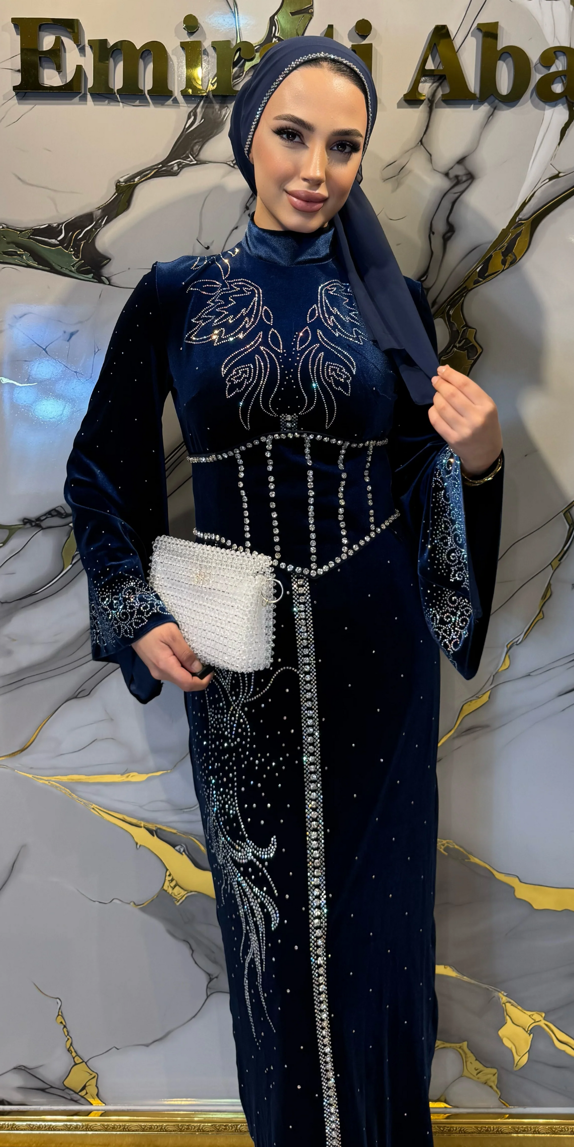 Navy Blue Velvet Royal Abaya with Shimmering Stones – Showy Belt Detail | LY30 JSVL