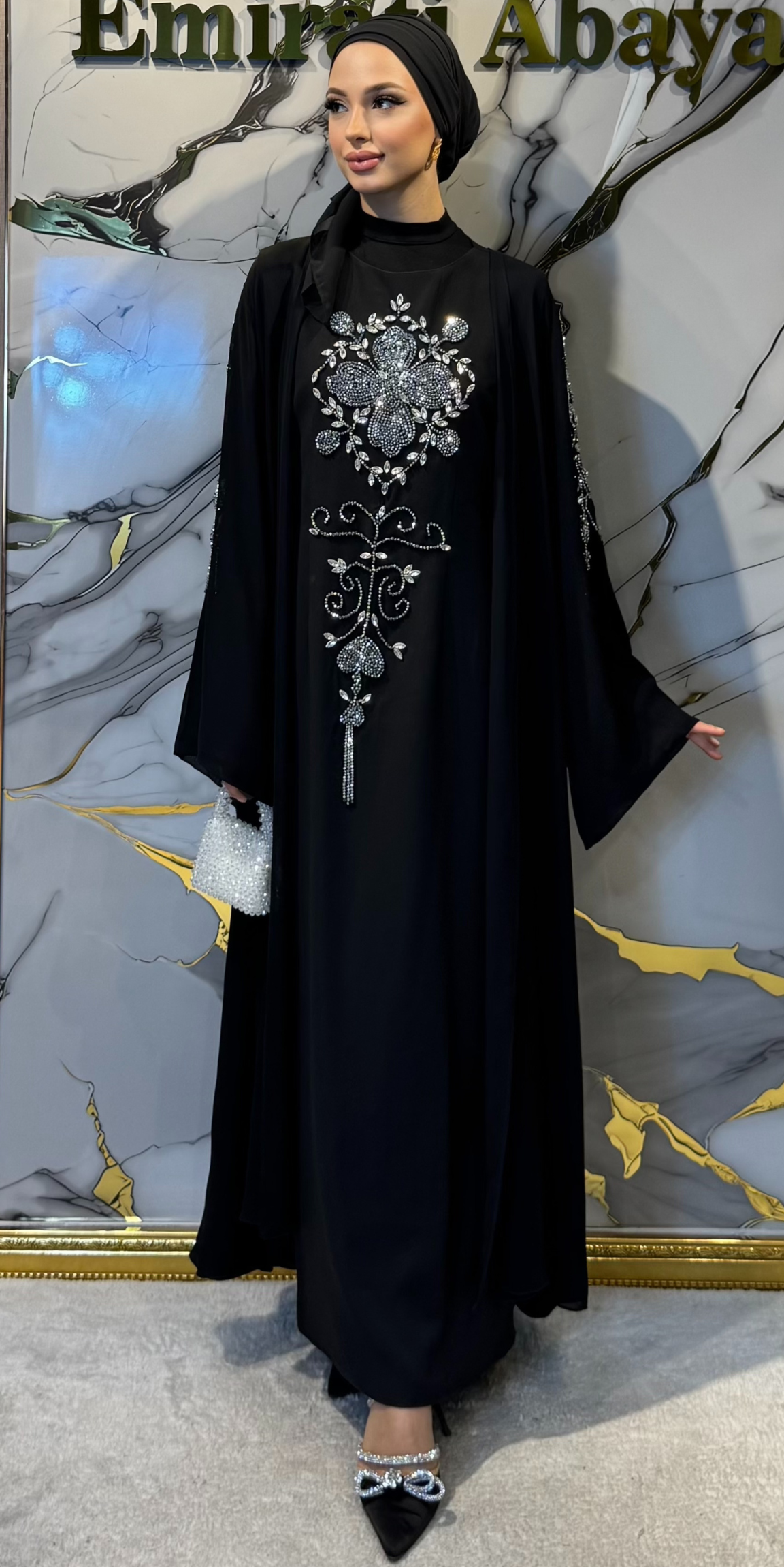 El İşçiliği Swarovski Taşlı Siyah Kore Şifon Dubai Tasarım Abaya | EF006 WSB