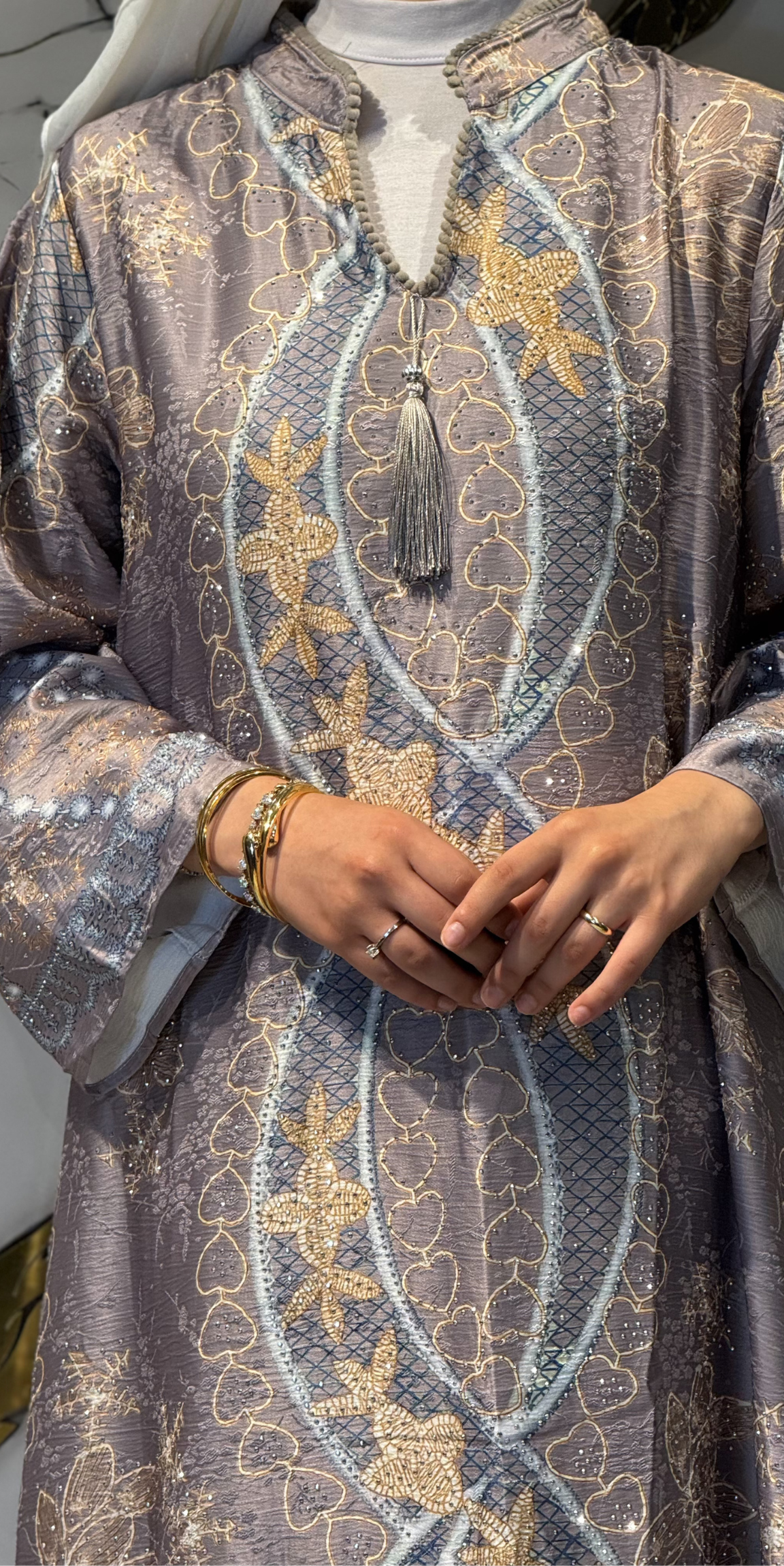 Çiçek Baskılı Kahverengi Jakar Günlük Abaya | KSA06 KAHVE