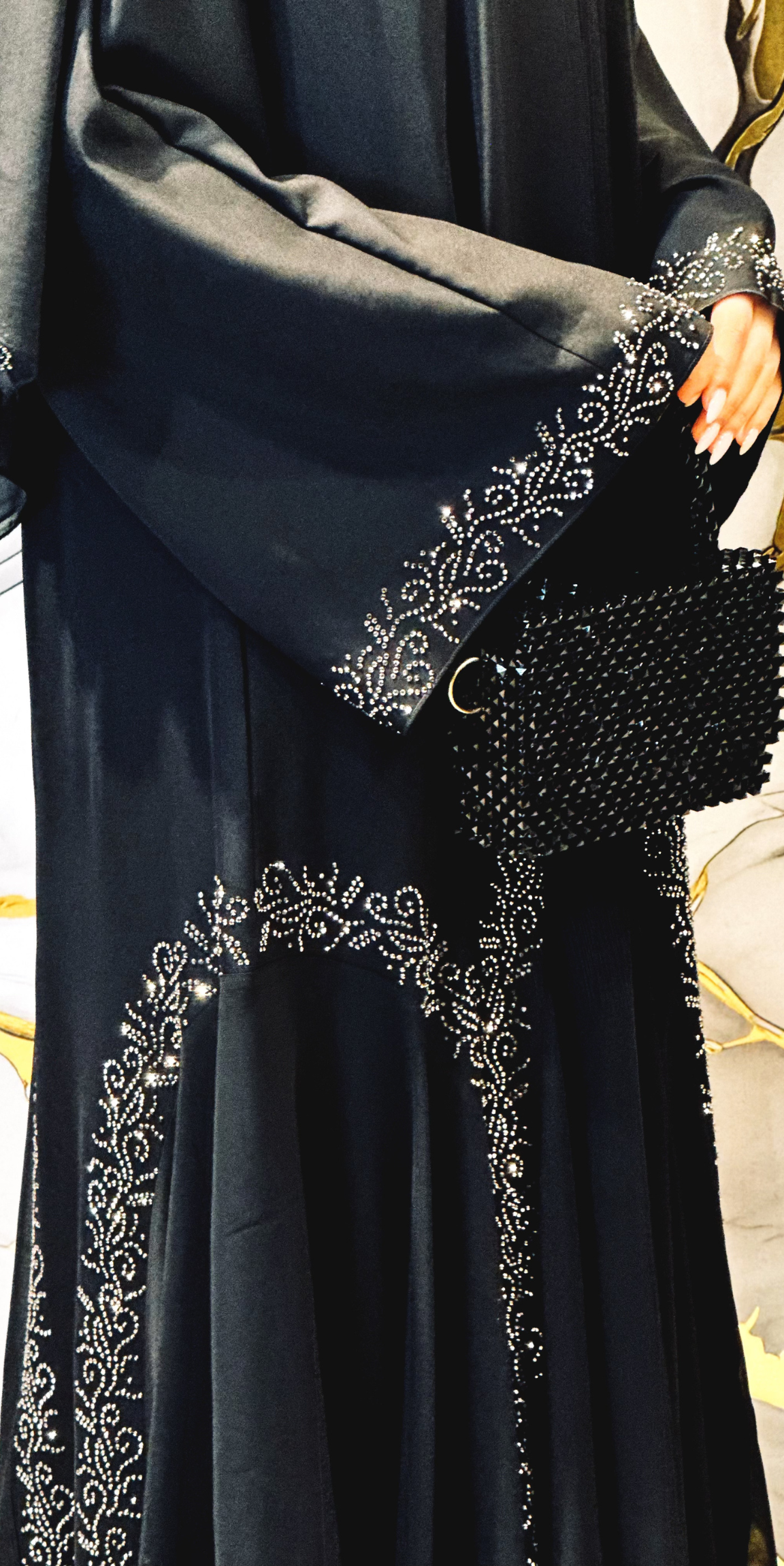 Hematit Taş Desenli Siyah Şifon Abaya Kristal Desen | TM104 HSB