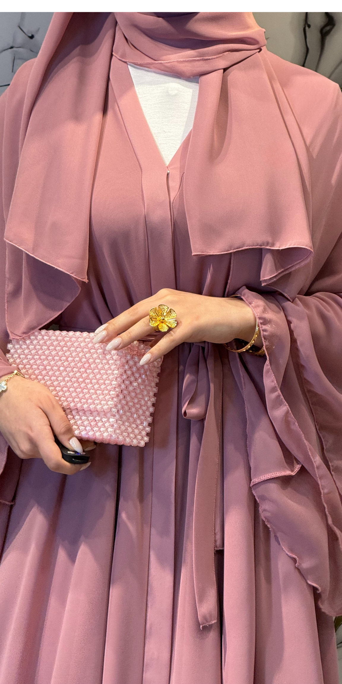 Three-Layer Pink Chiffon Abaya RK011 D PINK - Everyday Model Including Buttoned Shawl and Belt