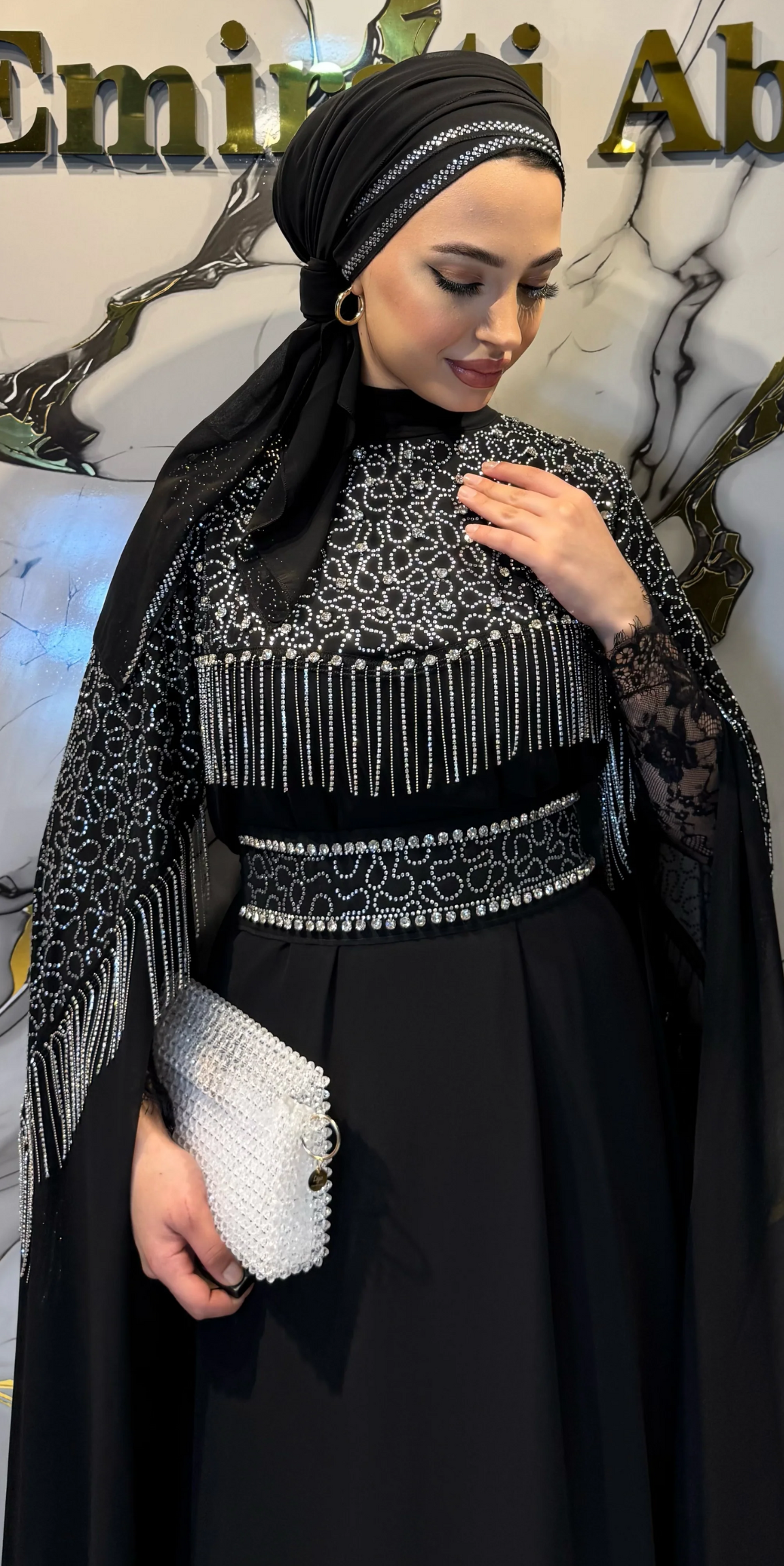 Siyah Şifon Beyaz Taşlı Uzun Kollu Abaya | WS56 WSB