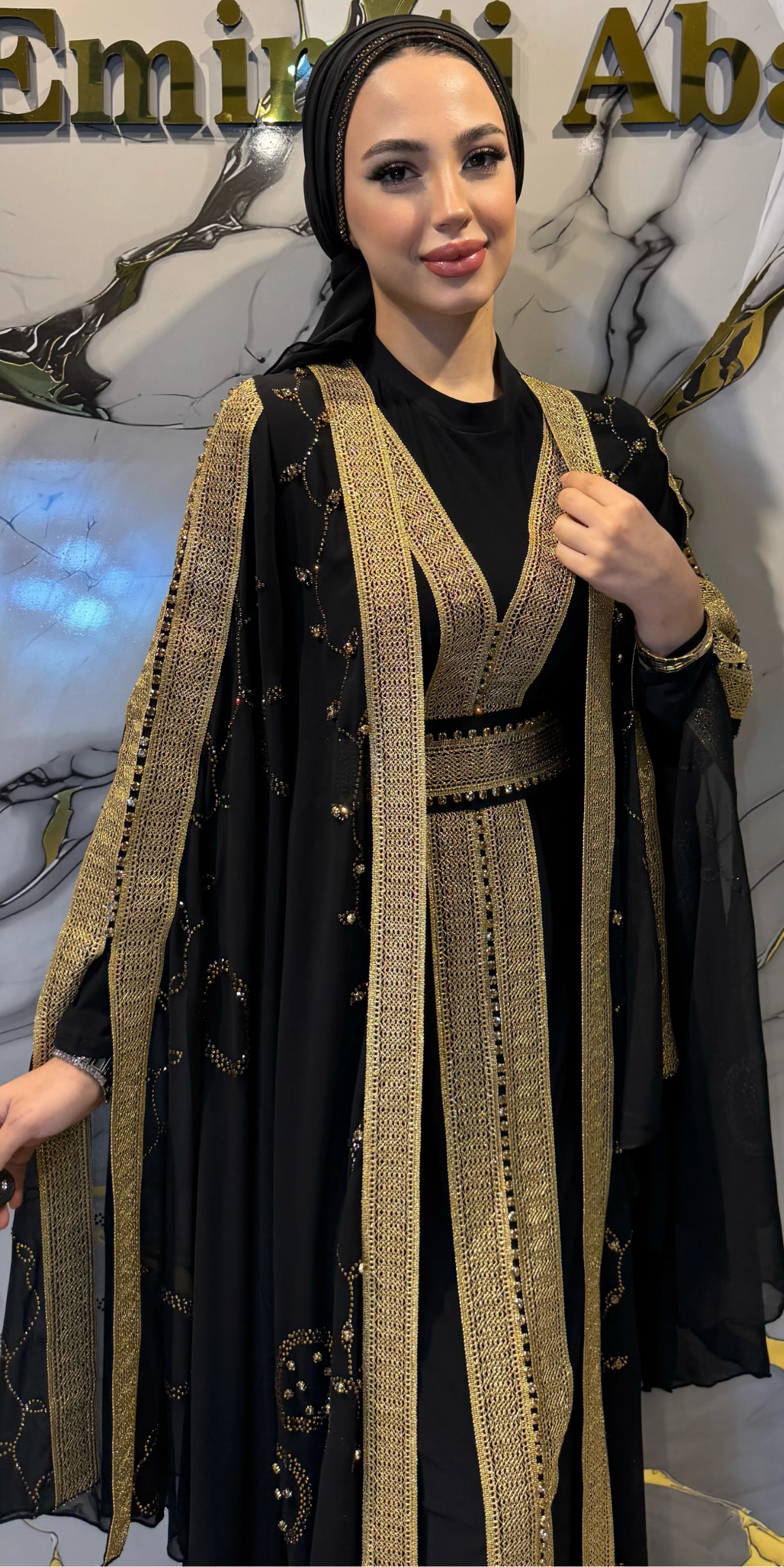 Gold Embellished Ribbon Detail Butterfly Sleeve Black Abaya Set - 4-Piece Luxury Set (Includes Shawl, Belt and Undershirt) WS46 GSB