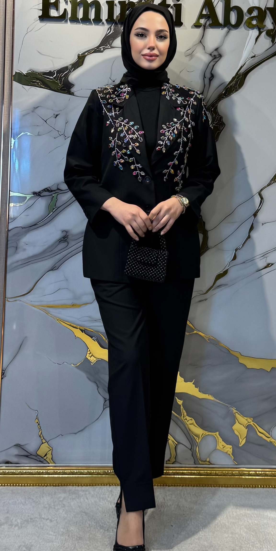 Lüks Karışık Renkli Taşlı El Yapımı Siyah Takım