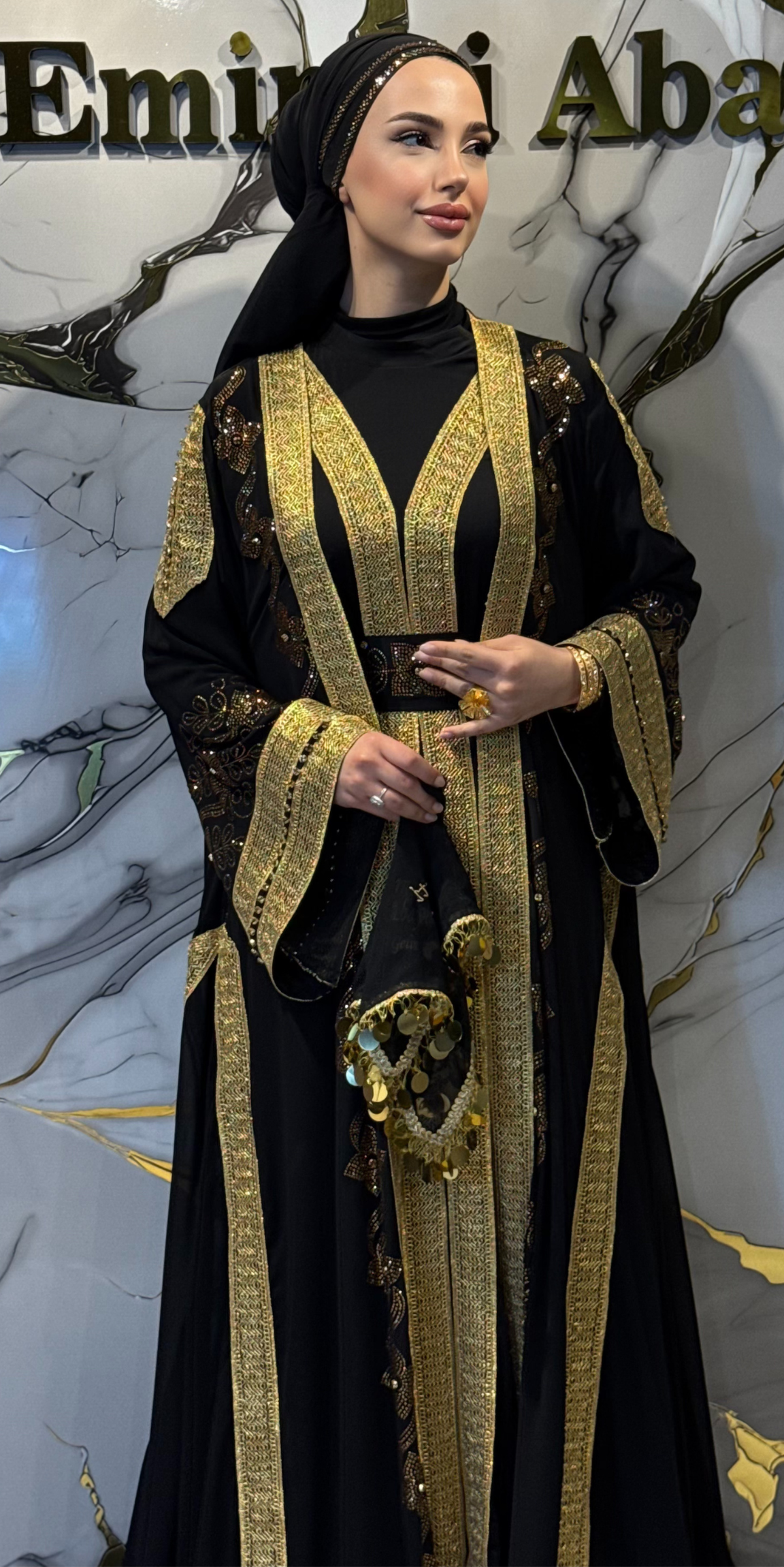 Premium Golden Swarovski Korean Chiffon Abaya Set