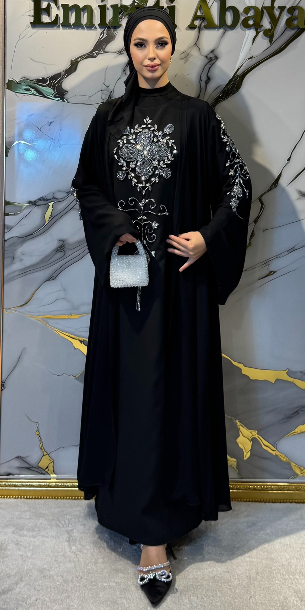 El İşçiliği Swarovski Taşlı Siyah Kore Şifon Dubai Tasarım Abaya | EF006 WSB