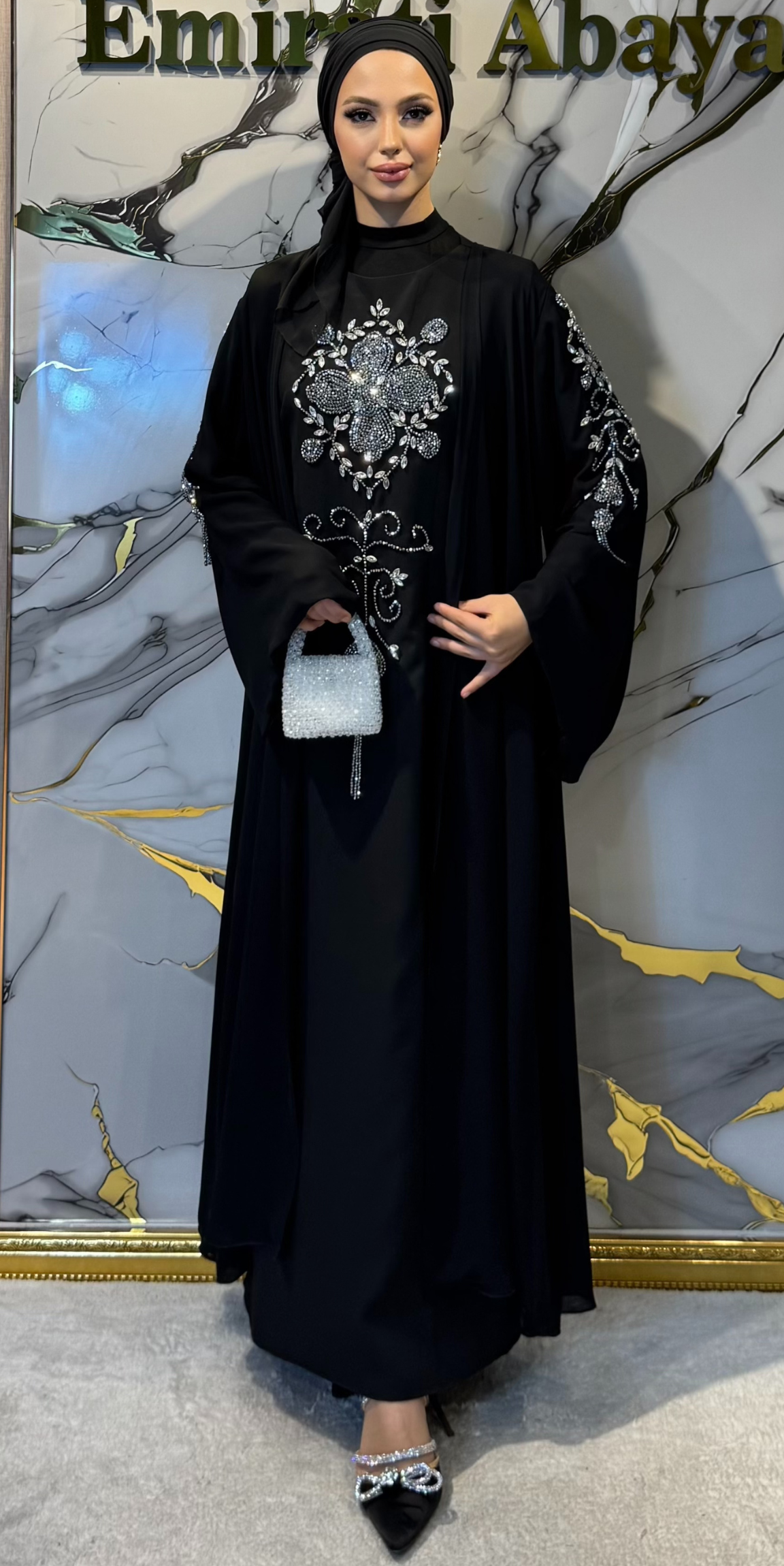 El İşçiliği Swarovski Taşlı Siyah Kore Şifon Dubai Tasarım Abaya | EF006 WSB