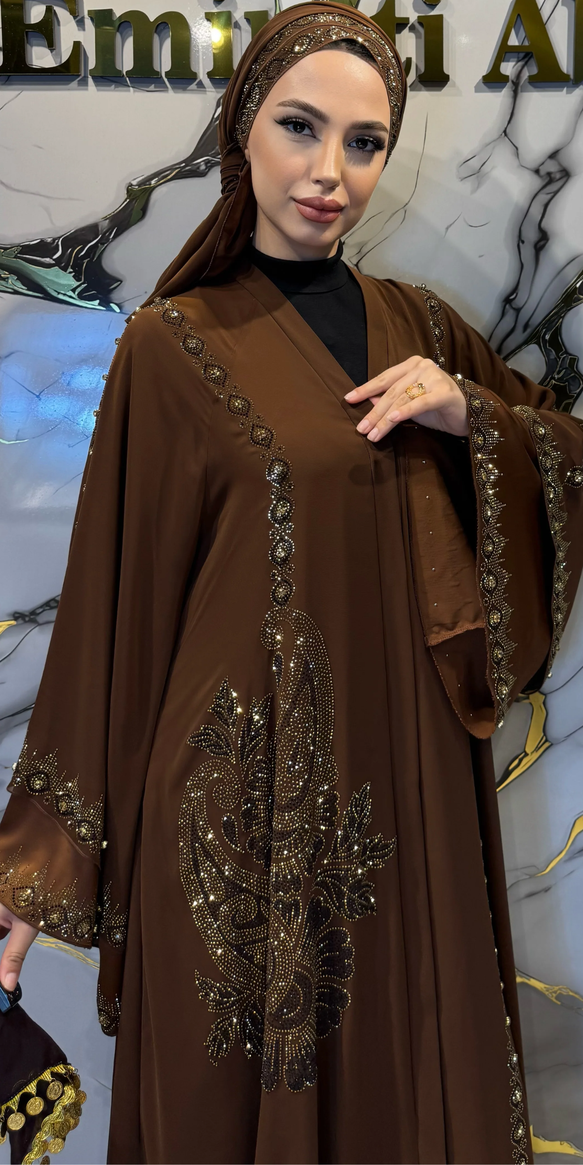 Gold Taş İşlemeli İki Katlı Zara Saten Abaya | LY23 GSK