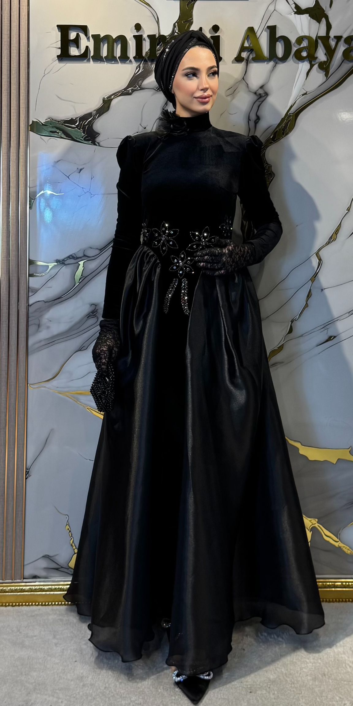 Dubai Style Evening Dress with Hematite Stones, Velvet and Organza Details