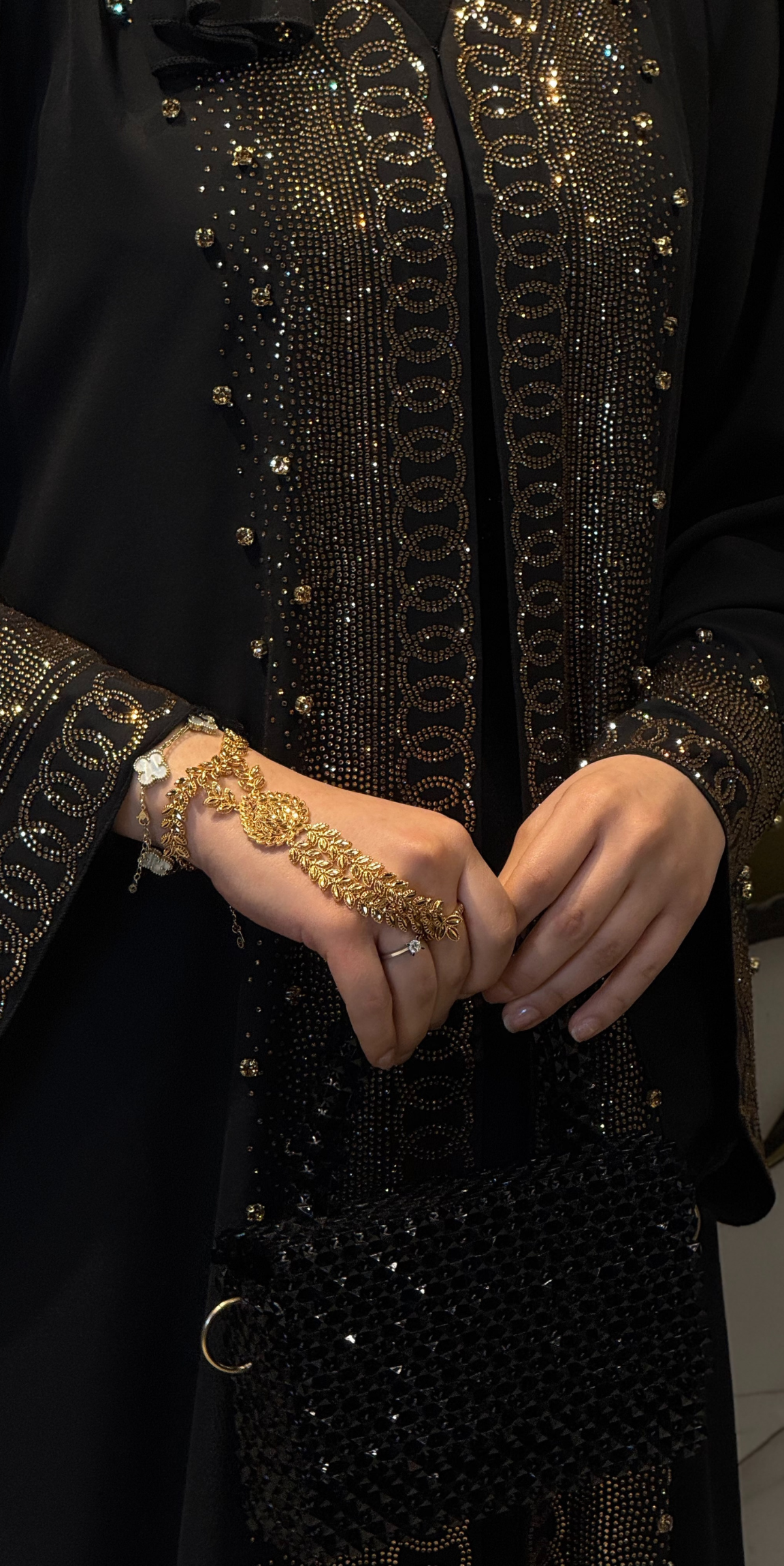 Black Abaya with Gold Stone Embellishment on the Front TM81 GSDB
