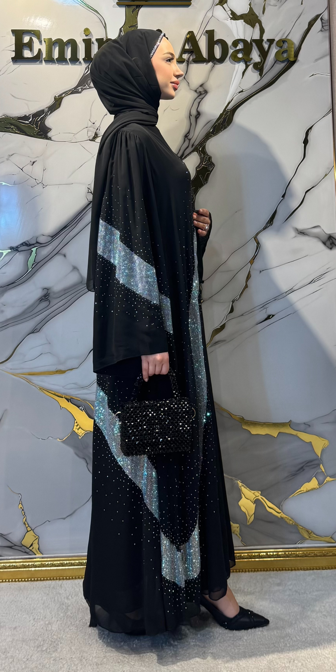 Çapraz Janjan Taşlı Siyah Şifon Abaya | Işıltılı Düğün Abayası TM35 JSDB