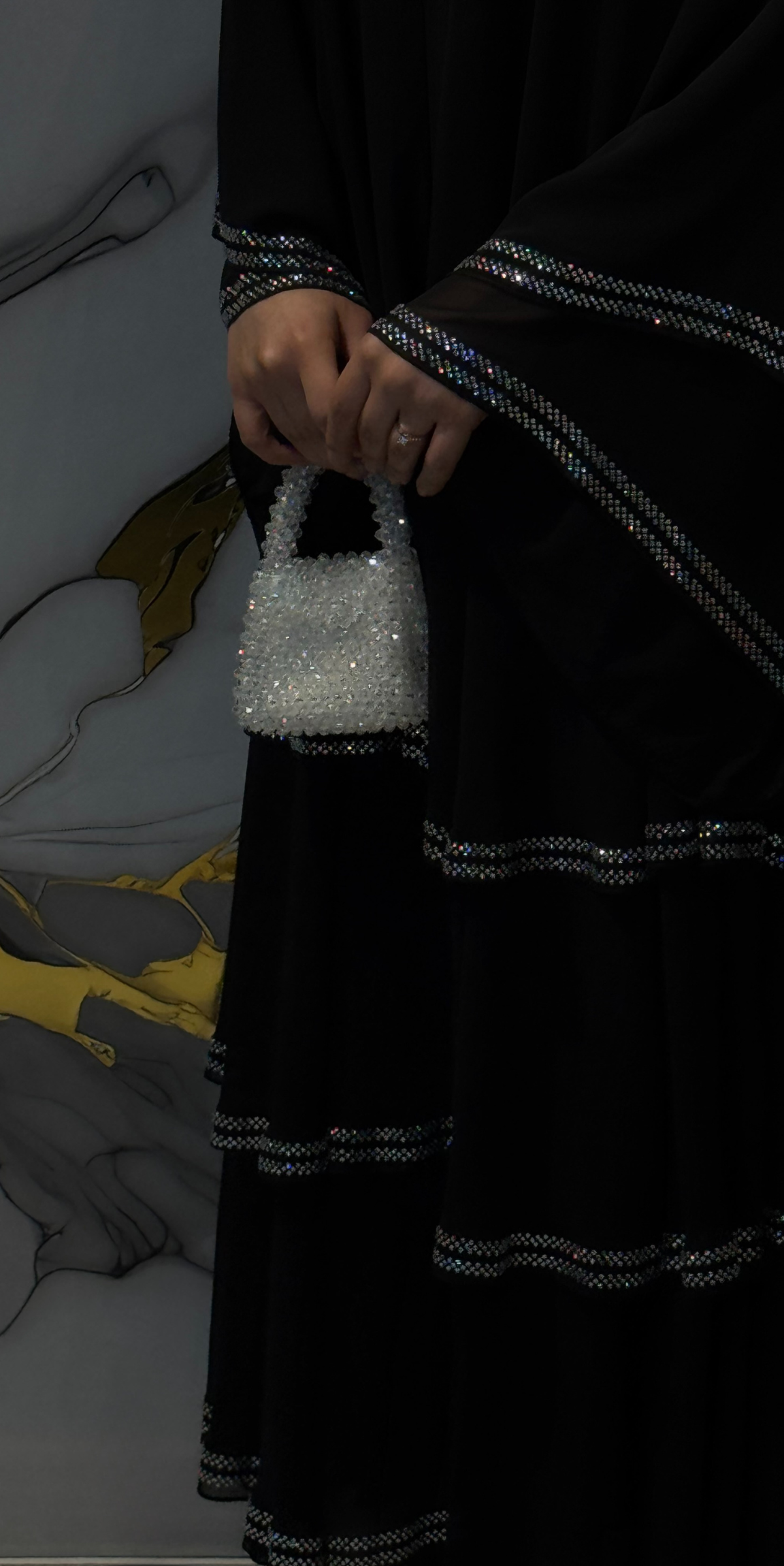 Three-Layer Black and White Embellished Chiffon Abaya - Belt and Shawl Included | TM44 WSB