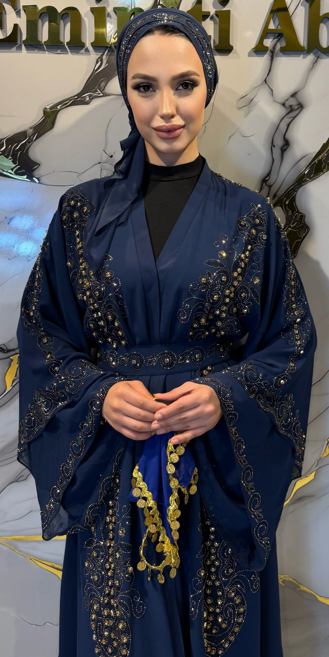 Çift Katlı Altın Taşlı Lacivert Şifon Abaya LY14 GSL - Taşlı Kemer ve Şal Dahil