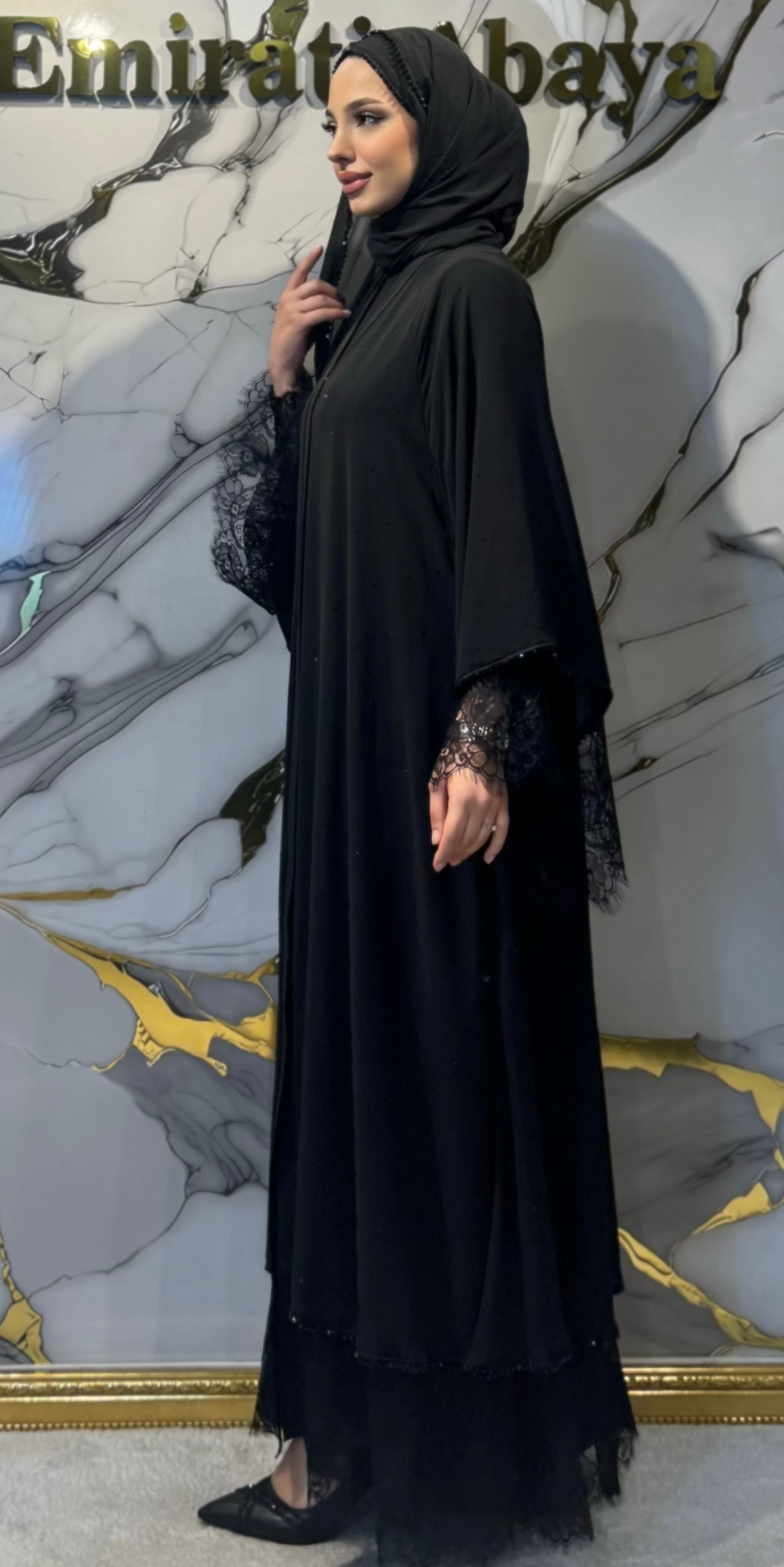 Includes Black Abaya Shawl with Tulle Details and Micro Stones | LY06 BSB