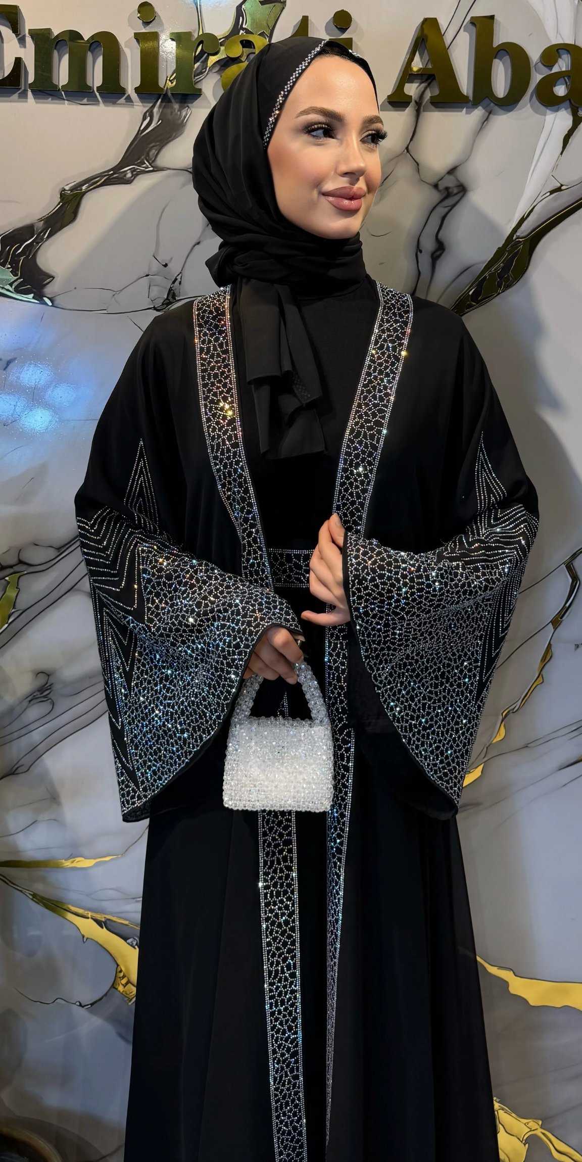 Önü Açık JanJan Taşlı Yöresel Abaya - 4 Parça Set (Şal, Kemer ve İçlik Dahil) Özel Tasarım | TM72 JSB