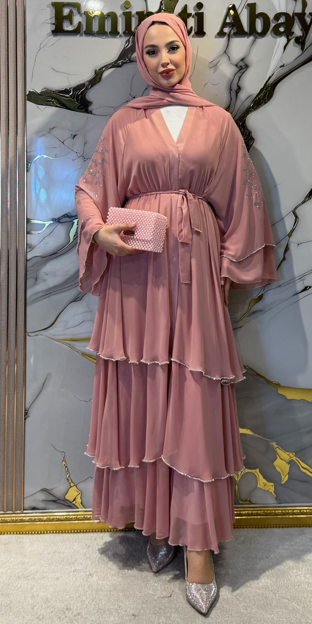 عباية باربي شيفون وردي 3 طبقات بتفاصيل حجر مع شال وحزام RK011 Barbie Blush