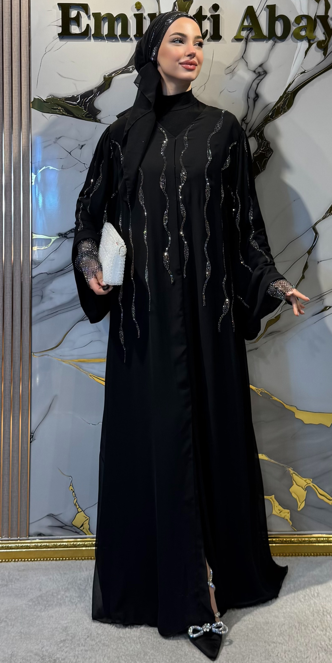 Luxury Tree Root Patterned Black Chiffon Abaya with Hematite Stones