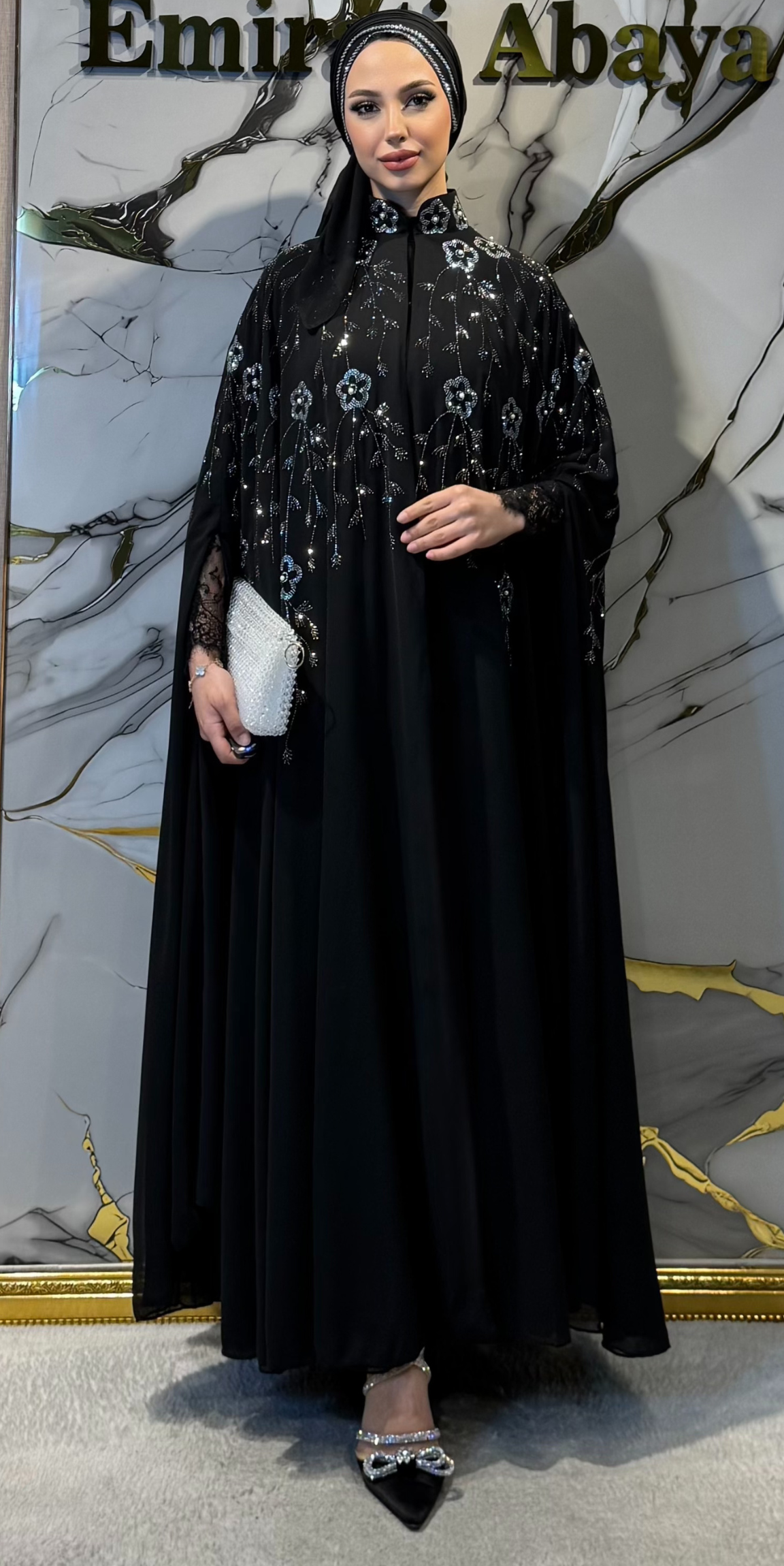 Black Korean Chiffon Abaya LY44 WSB with Hematite and Swarovski Crystals - 3-Piece Luxury Set (Includes Shawl and Undershirt)