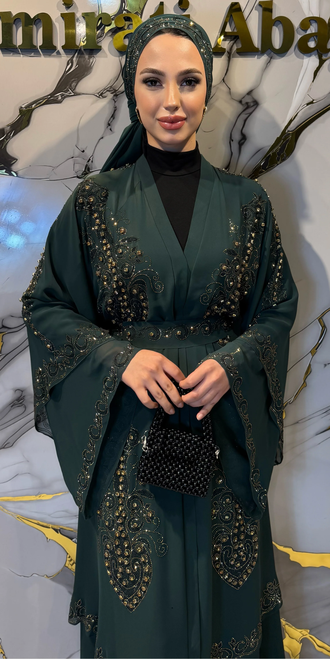 Çift Katlı Altın Taşlı Yeşil Şifon Takım Şal ve Kemer Dahil | LY14 GS GREEN