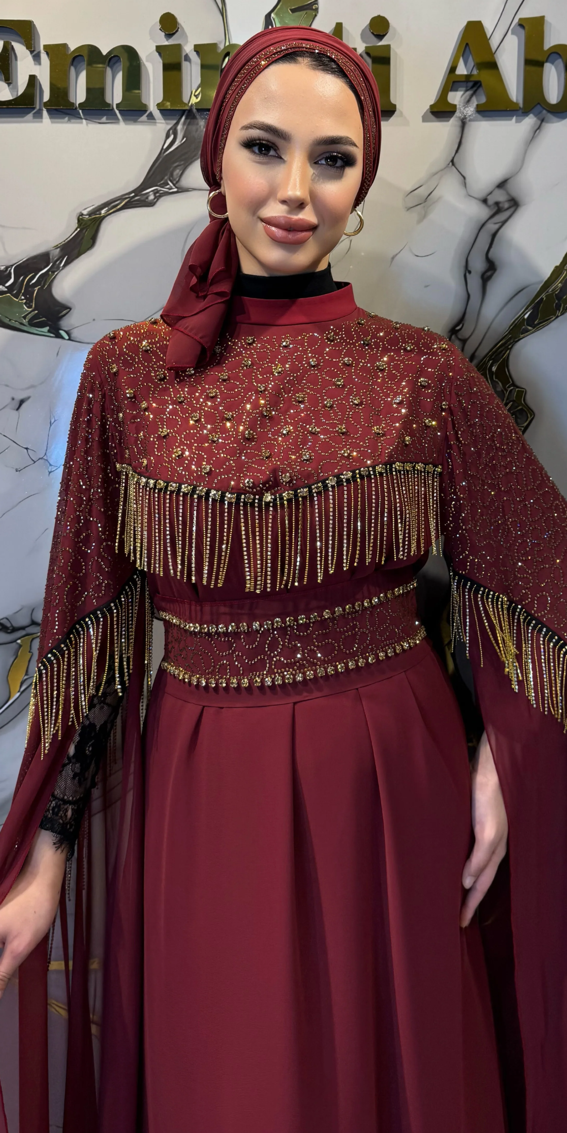 Burgundy Chiffon Long-Sleeved Abaya with Gold Embellishments | WS56 GSBORDO