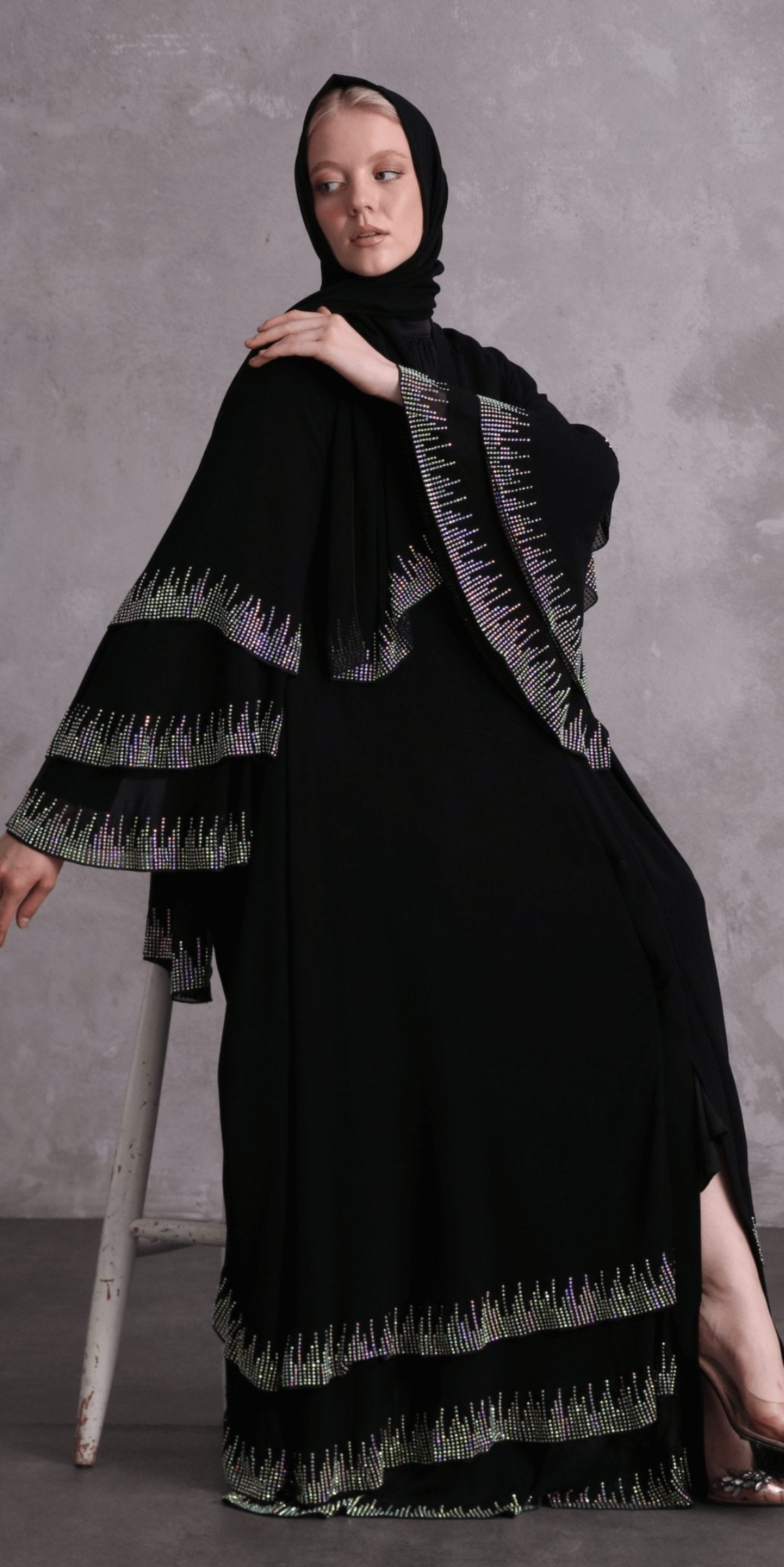 Black Abaya with Swarovski Stones and Striped Hemlines