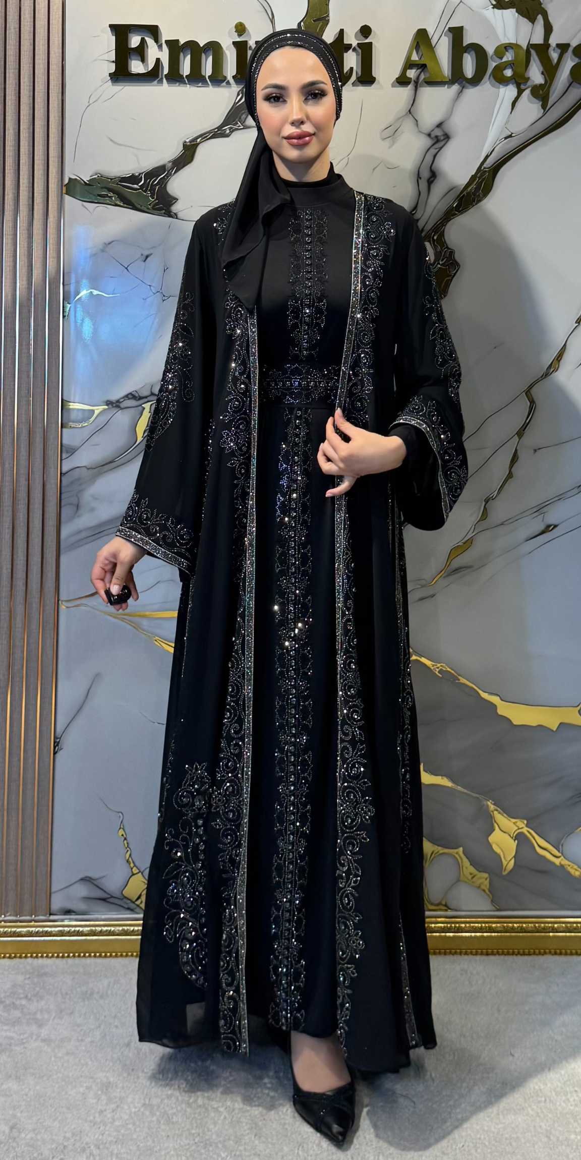 Black Korean Chiffon Traditional Abaya with Hematite and Swarovski Crystals