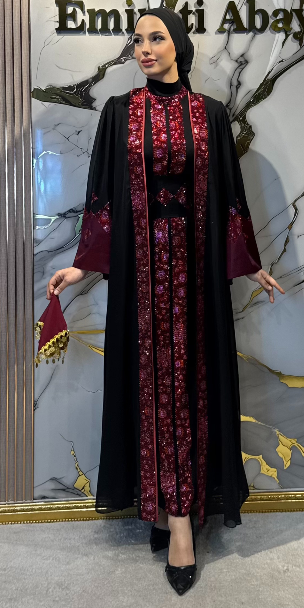 Kırmızı İşlemeli Siyah Açık Yöresel Takım 4 Parça Set